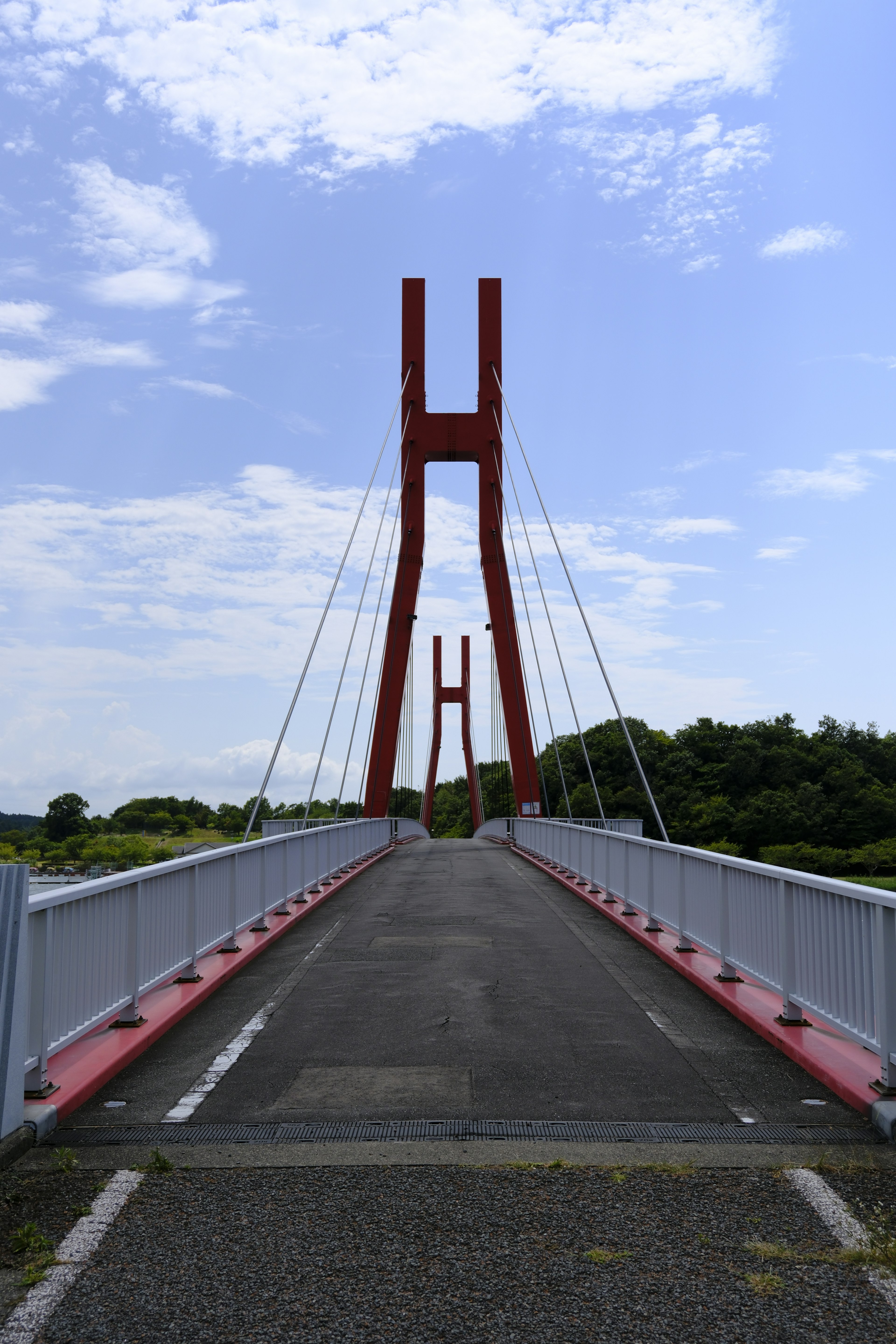 Red suspension bridge standing towards the sky