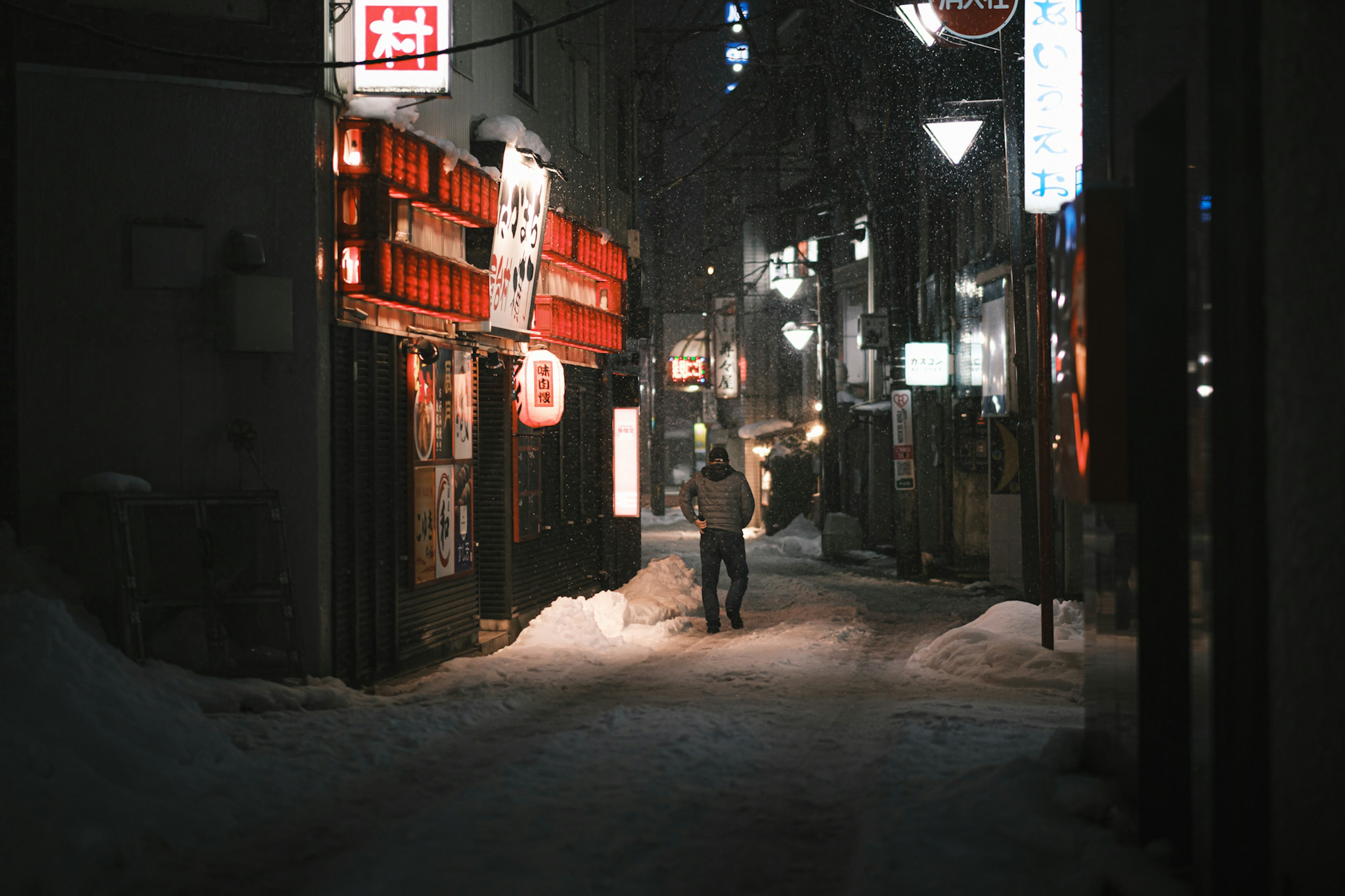 Person standing in a narrow street during a snowy night with neon signs