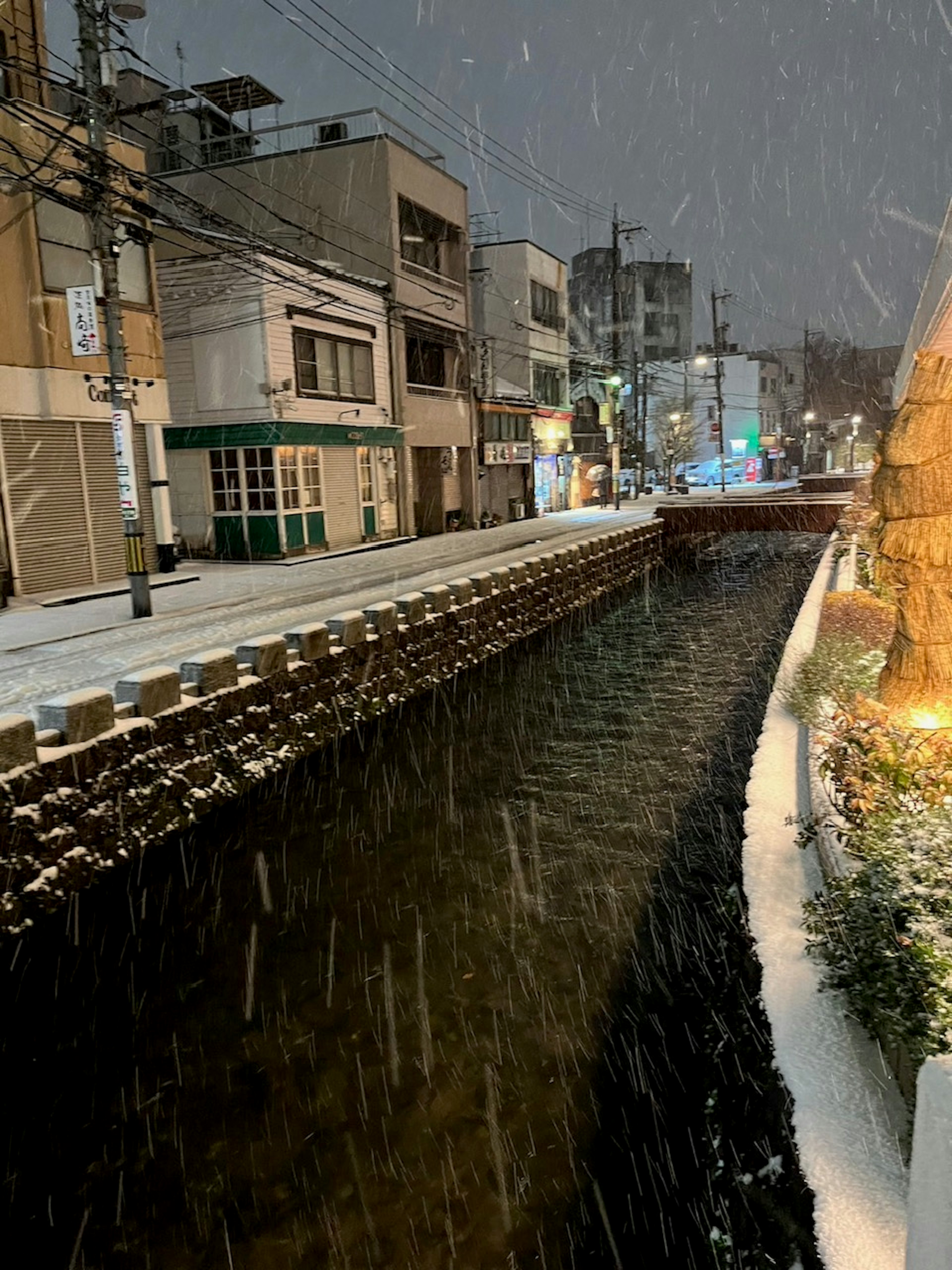 雪が降る夜の街並みと川の風景