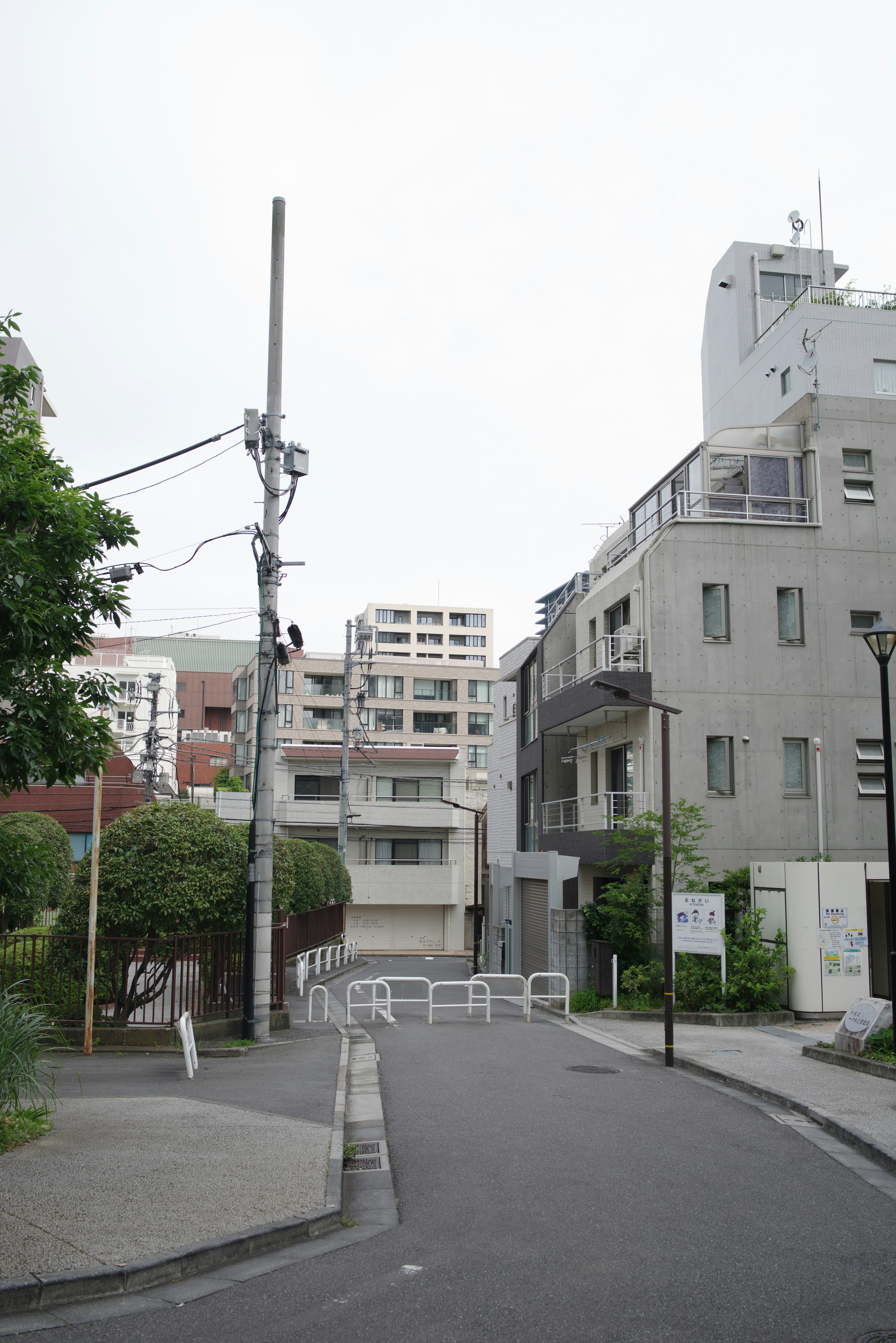 Gray buildings along a quiet street in Tokyo with green vegetation