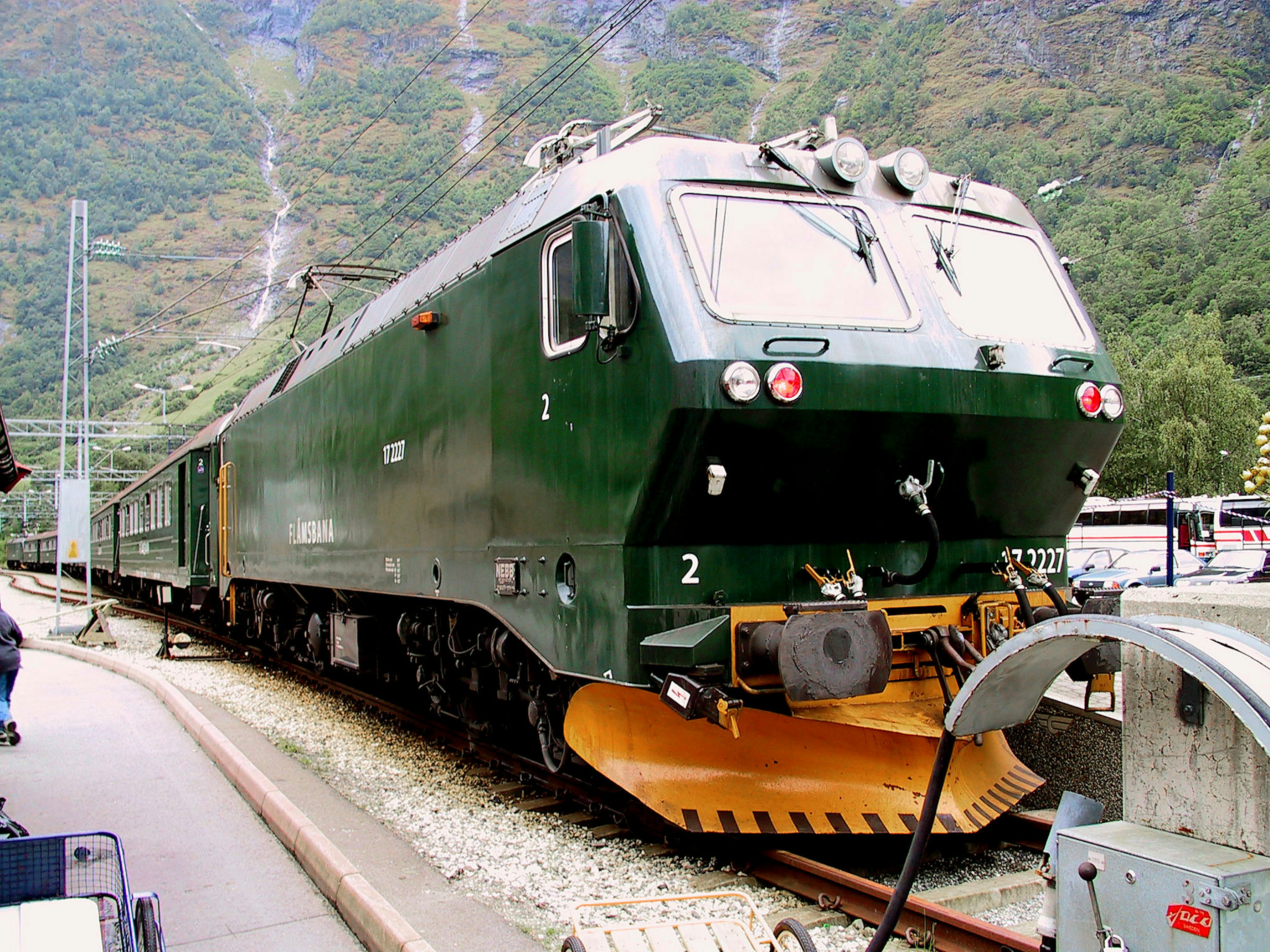 Train vert à une gare avec un arrière-plan montagneux