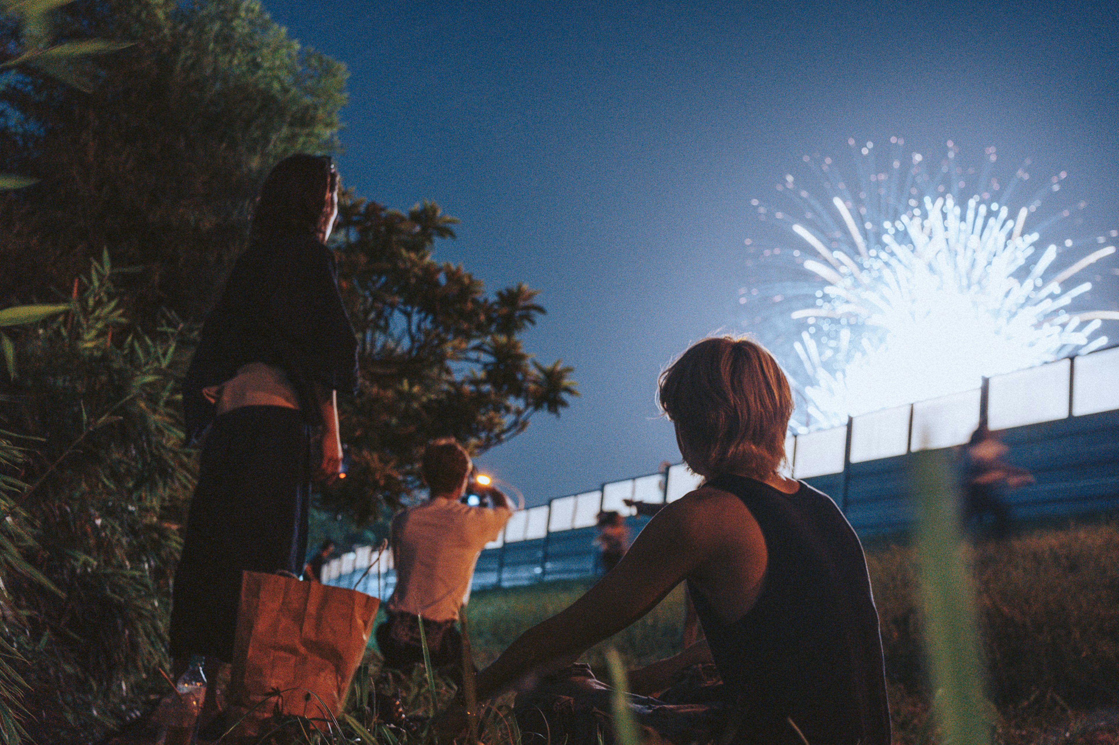 Silhouettes de personnes regardant des feux d'artifice dans le ciel nocturne