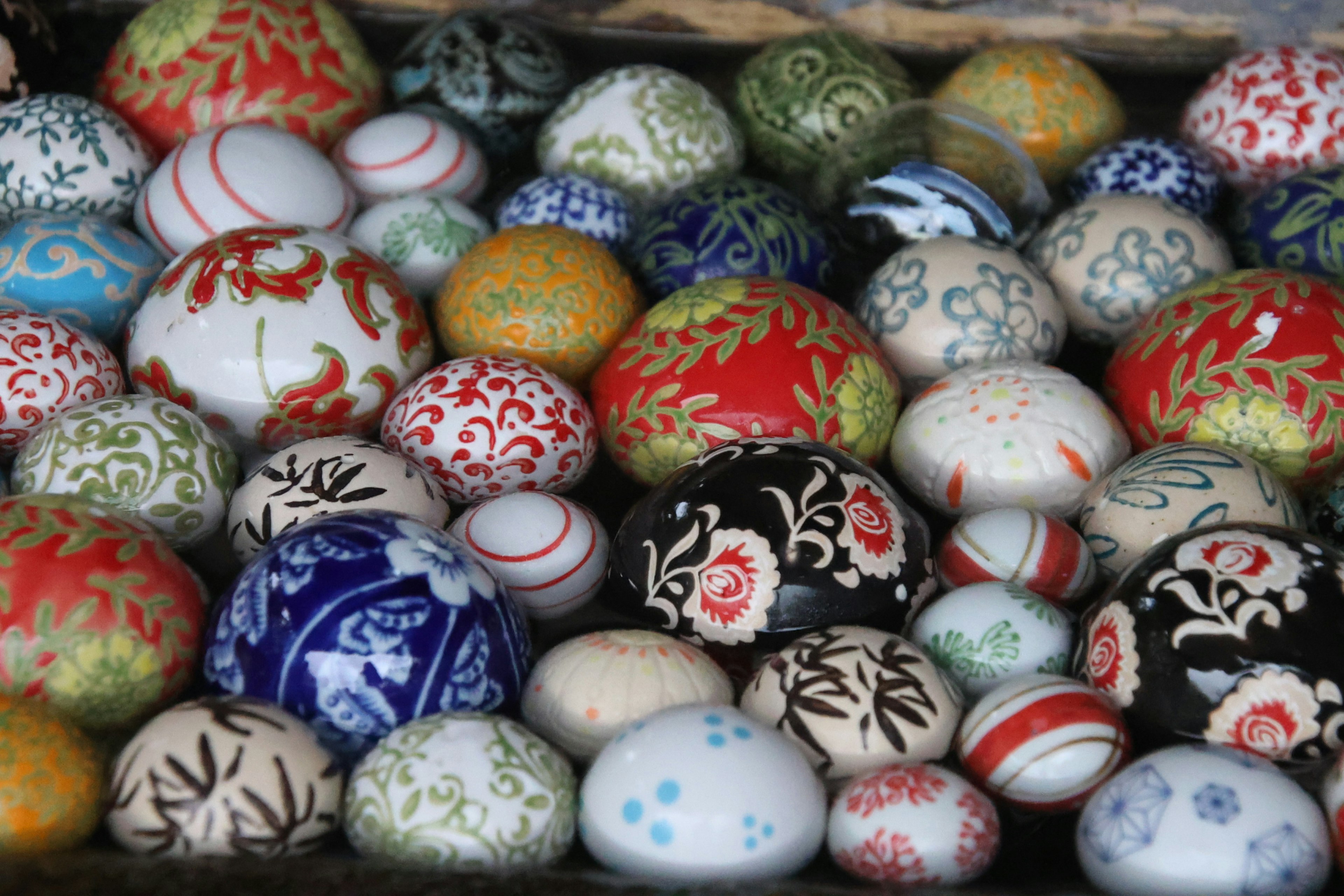 A beautiful display of colorful decorated eggs