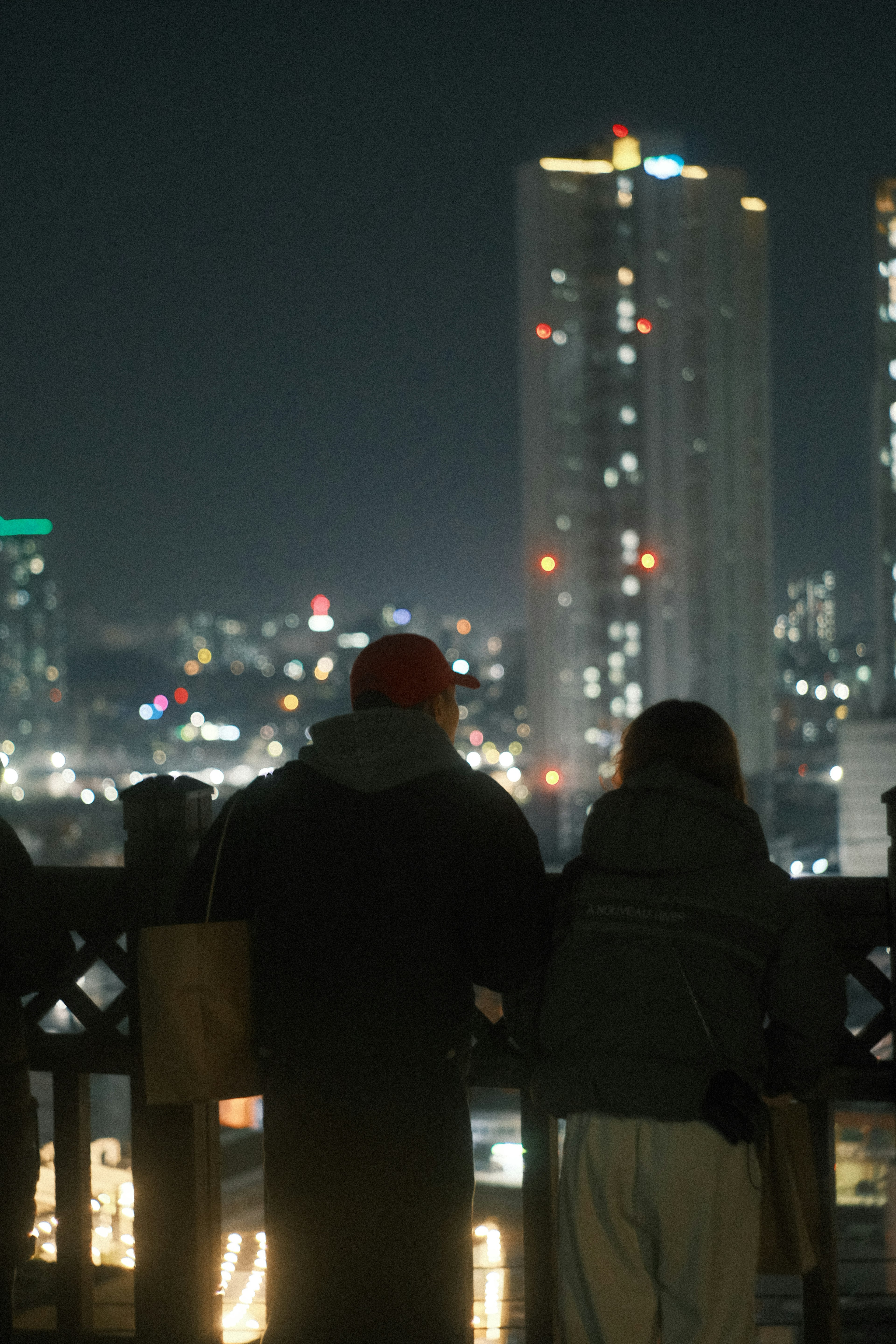 夜の都市の景色を見つめる二人の人物