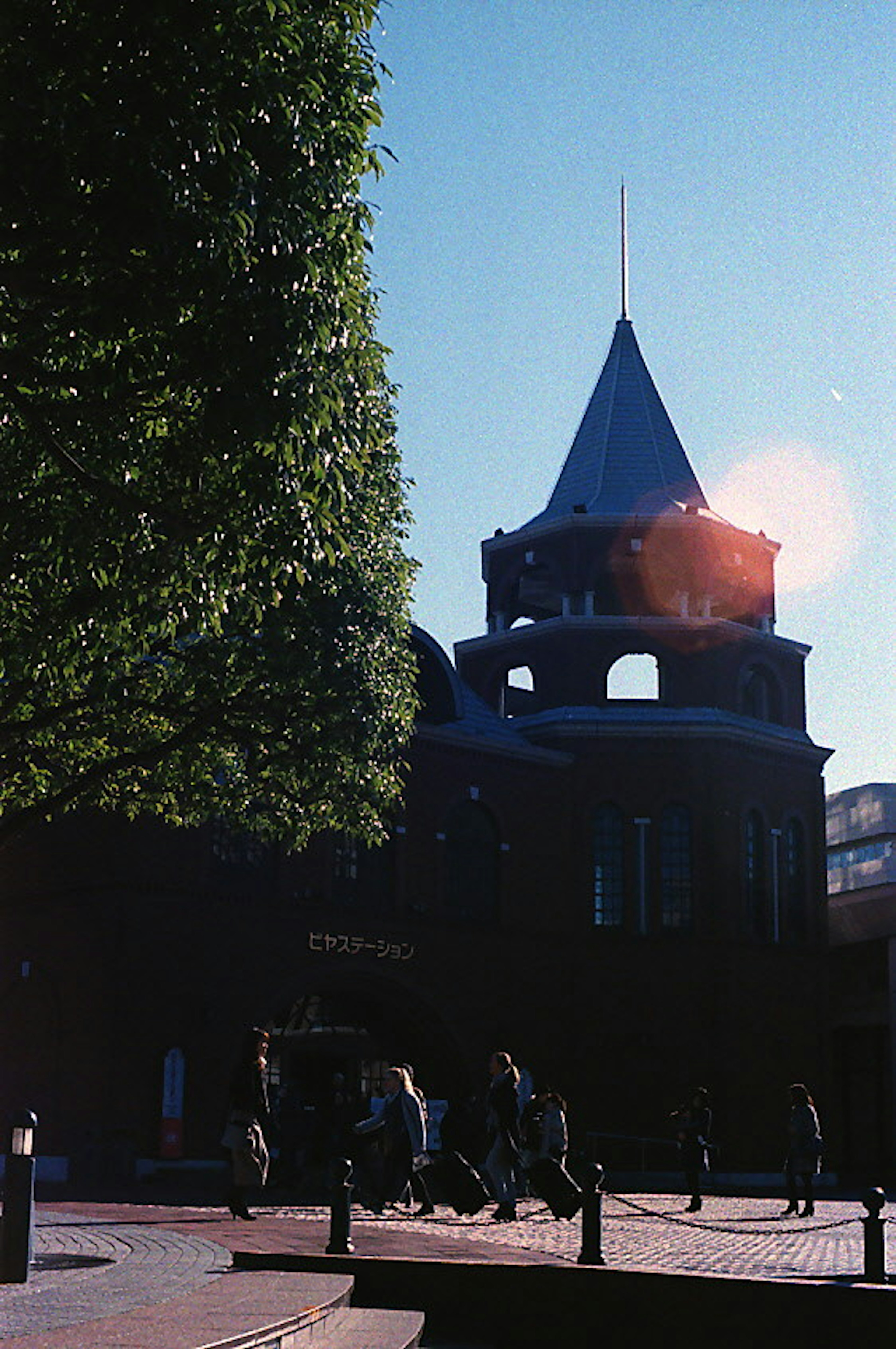 A building with a pointed tower and a large tree under a blue sky