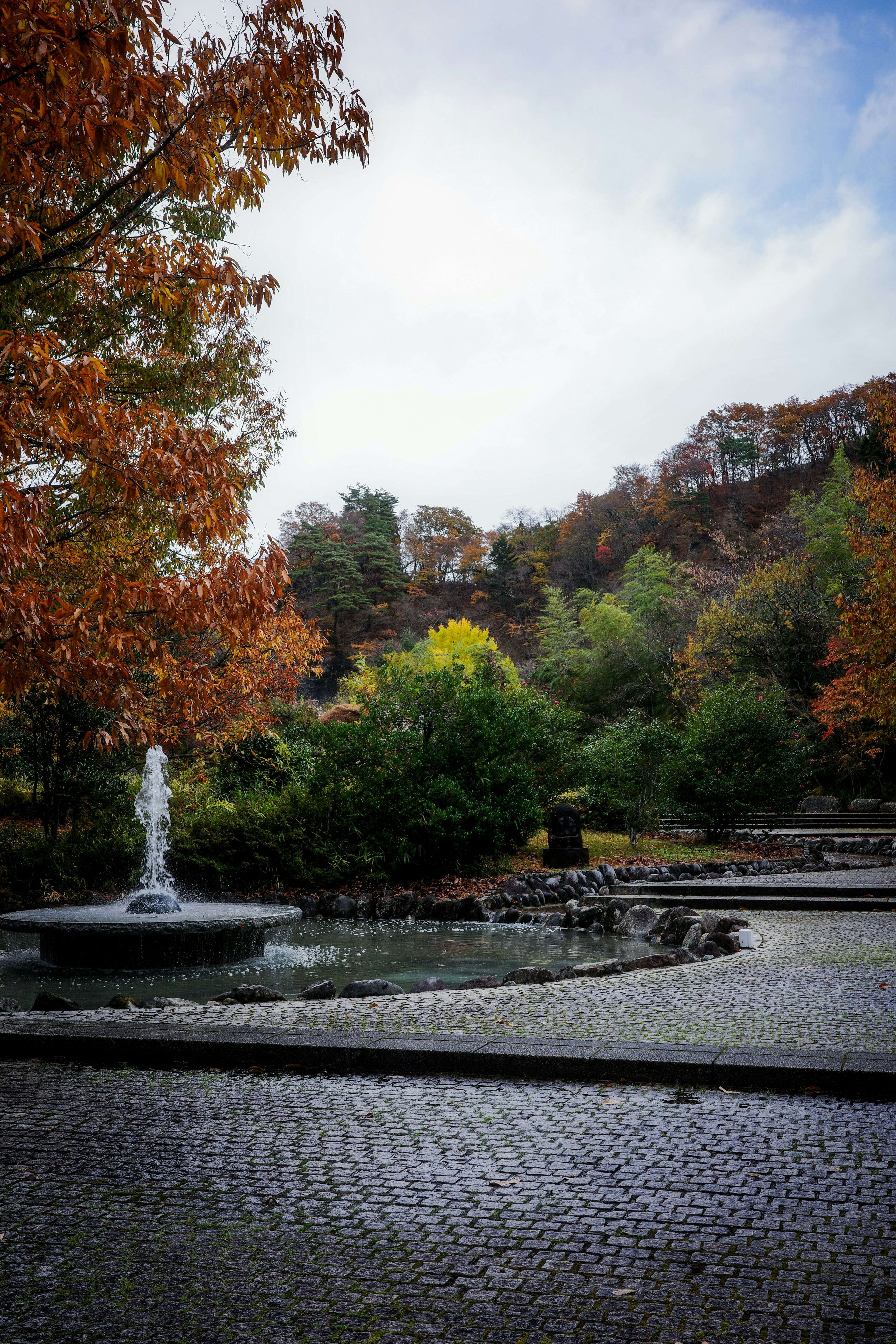 Scène de parc avec une fontaine et un feuillage d'automne