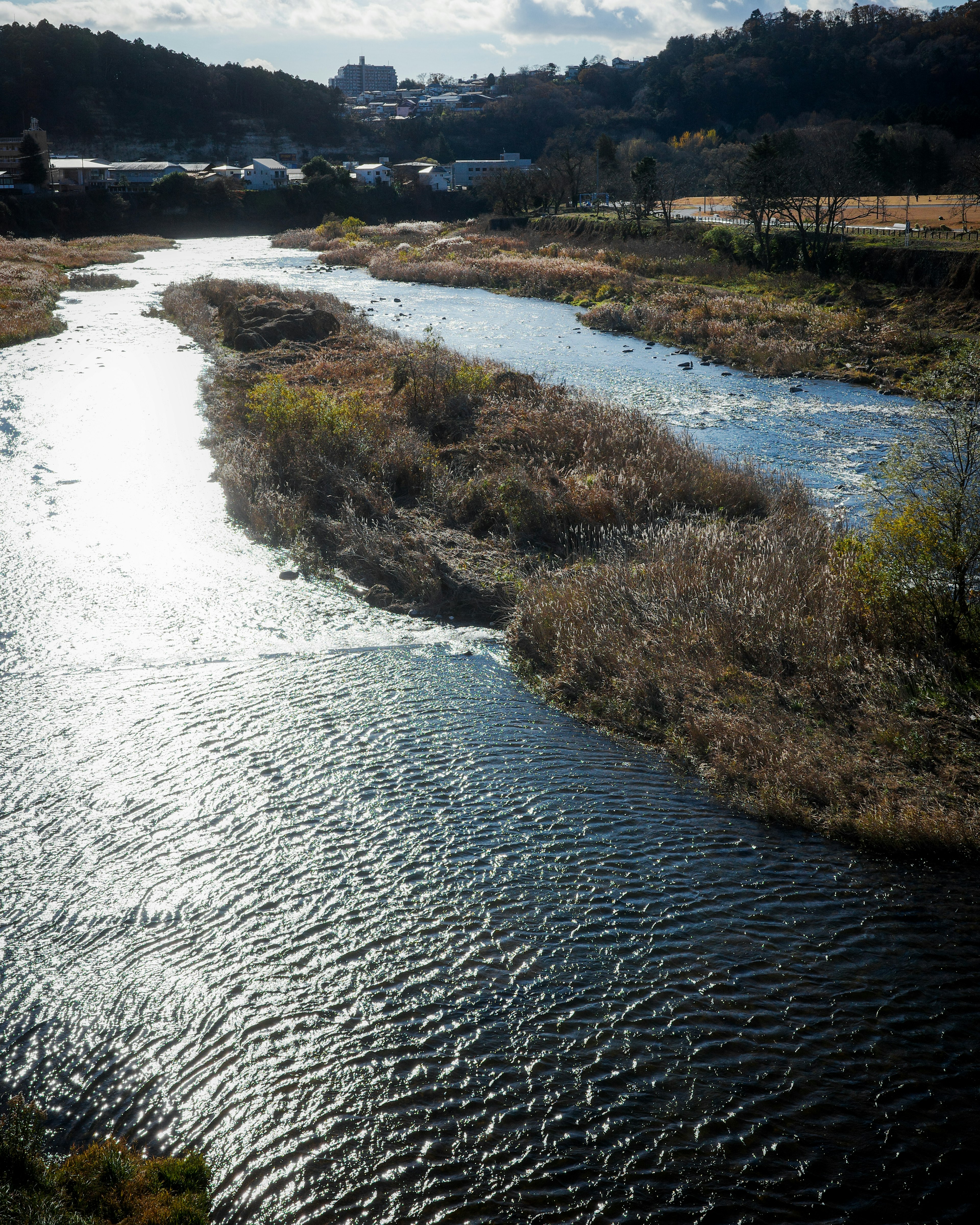 Ruhiger Fluss, der sich durch grasbewachsene Ufer unter einem bewölkten Himmel schlängelt