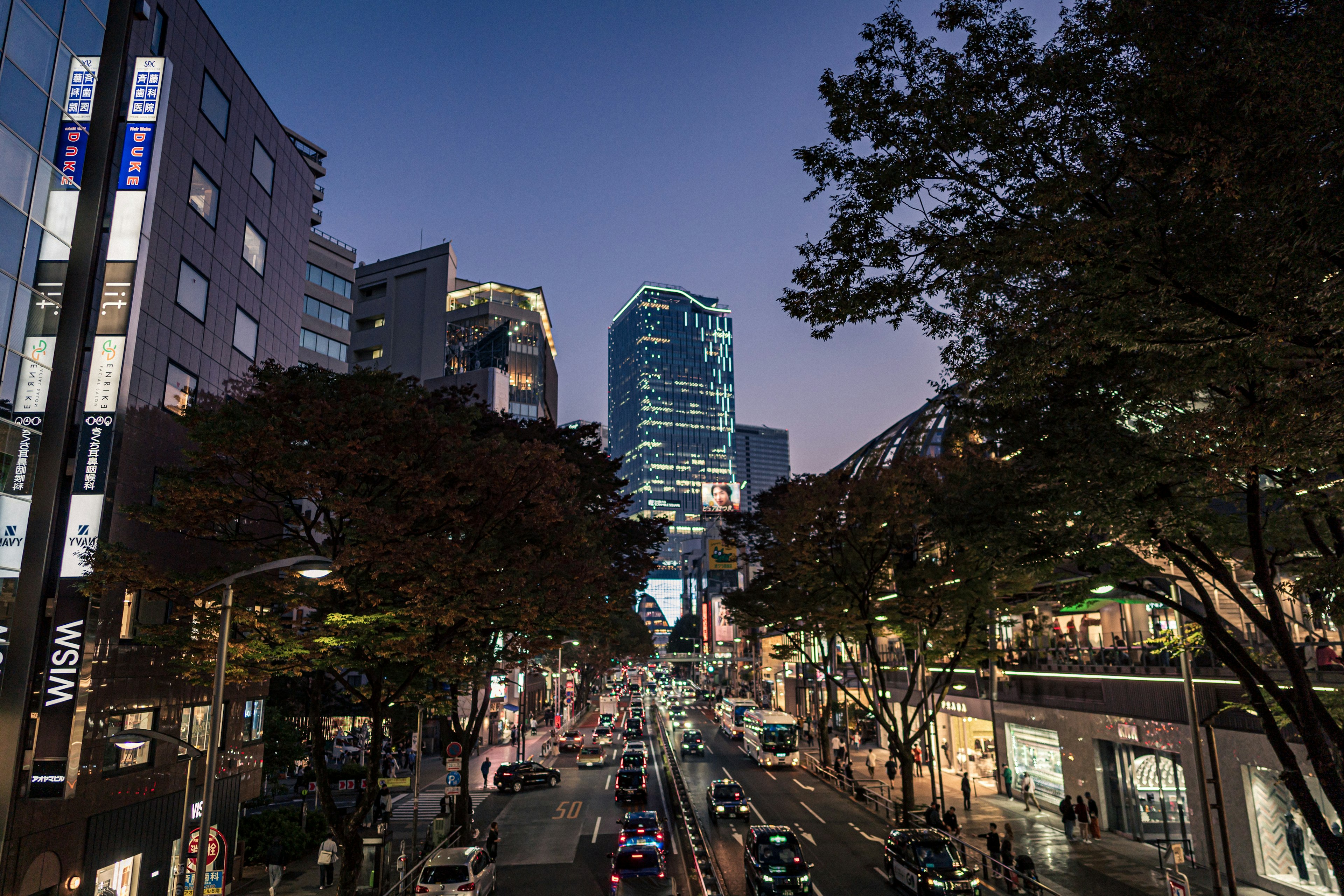 Paysage urbain nocturne avec des gratte-ciels et des arbres de rue