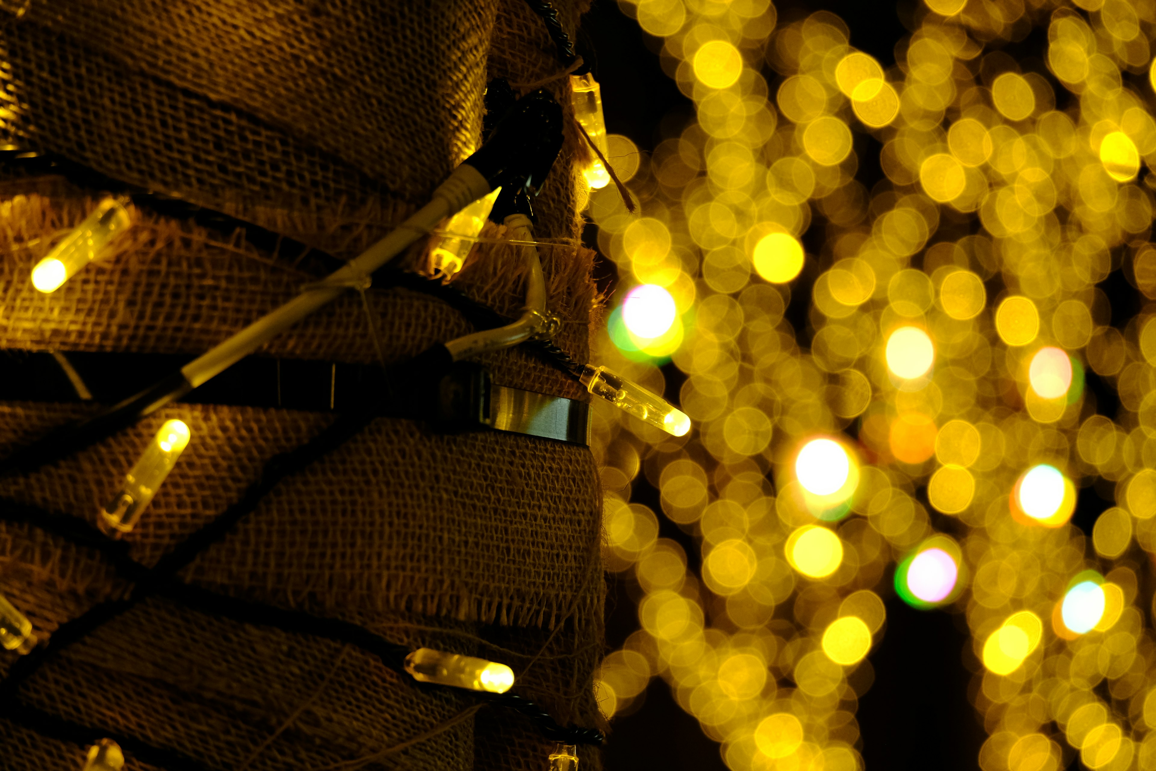 Acercamiento a una decoración de árbol de Navidad con luces amarillas brillantes