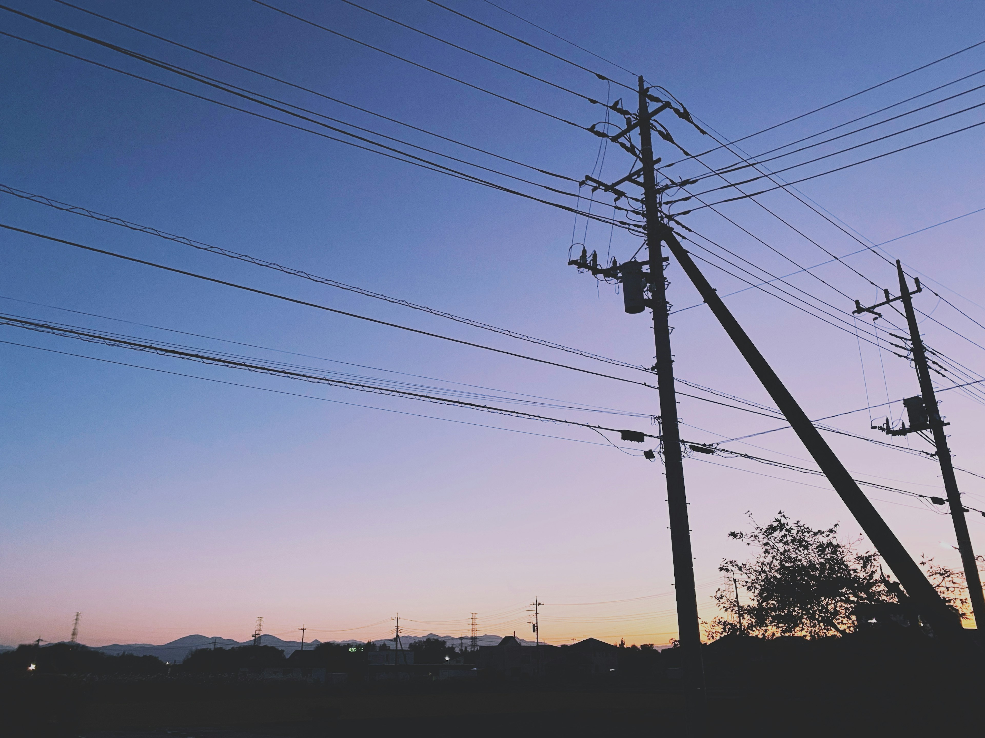 夕暮れ時の電柱と電線のシルエット