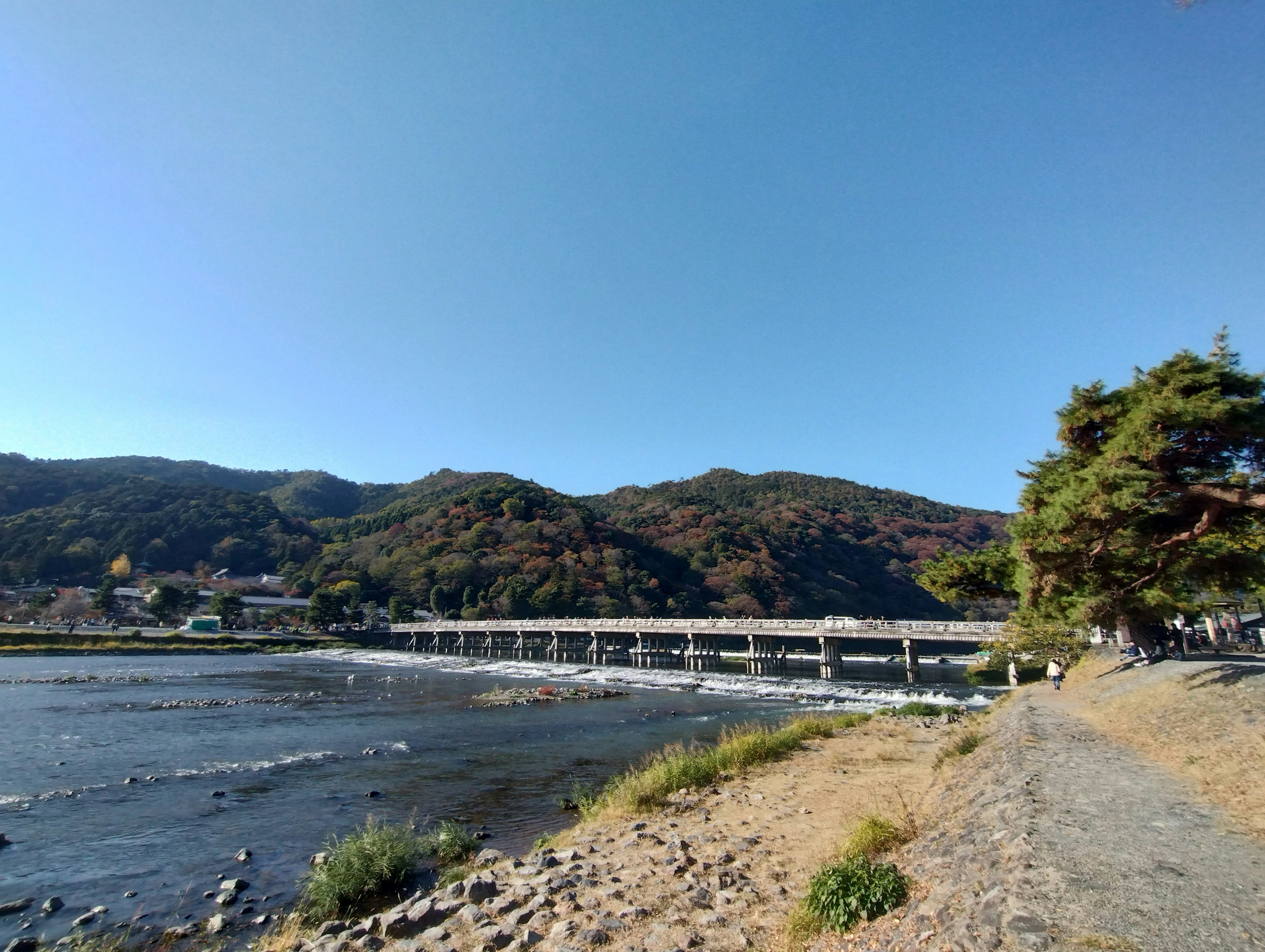 Vista panoramica di un fiume e di un ponte sotto un cielo blu chiaro Ponte che si estende tra le montagne