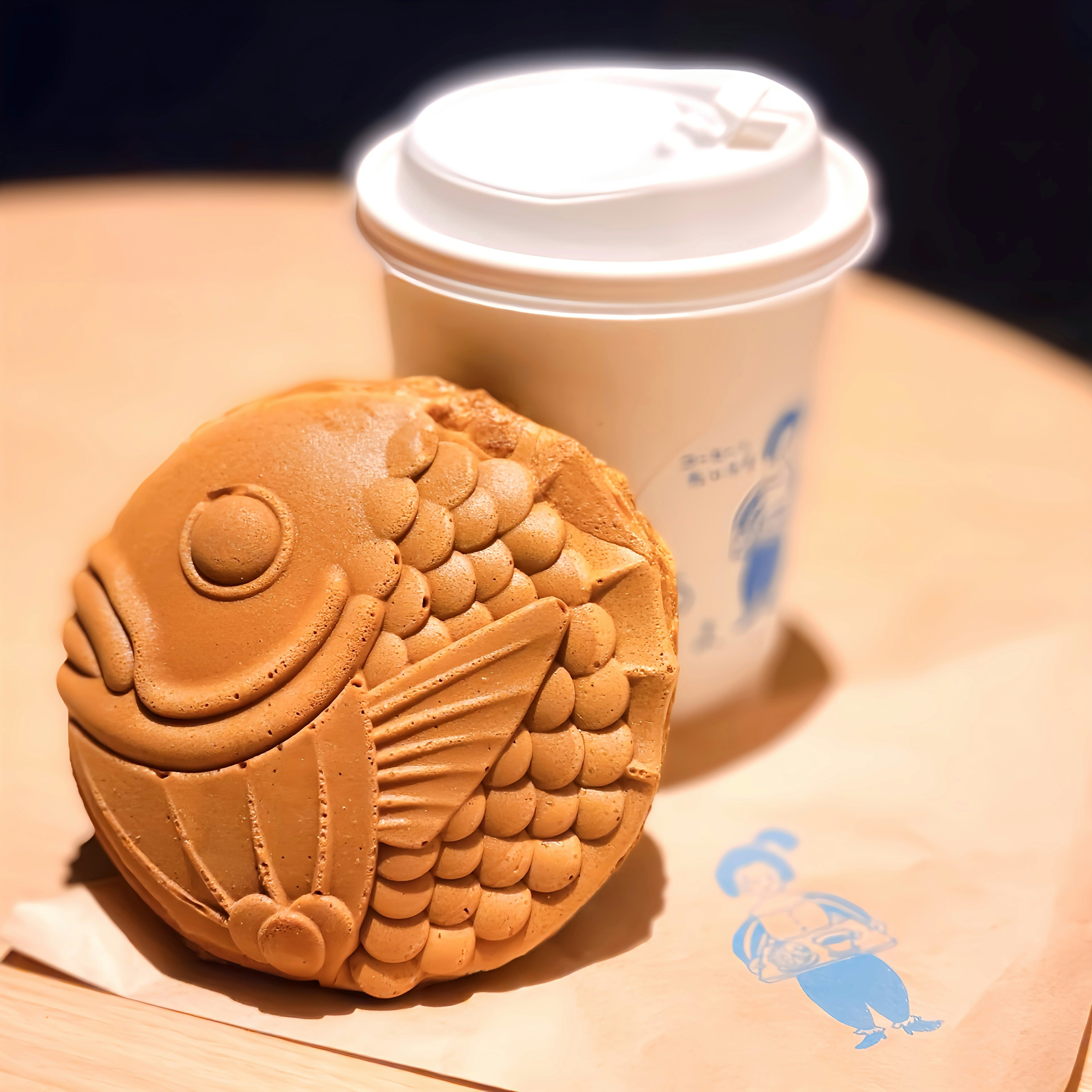 Taiyaki pastry shaped like a fish next to a coffee cup on a table