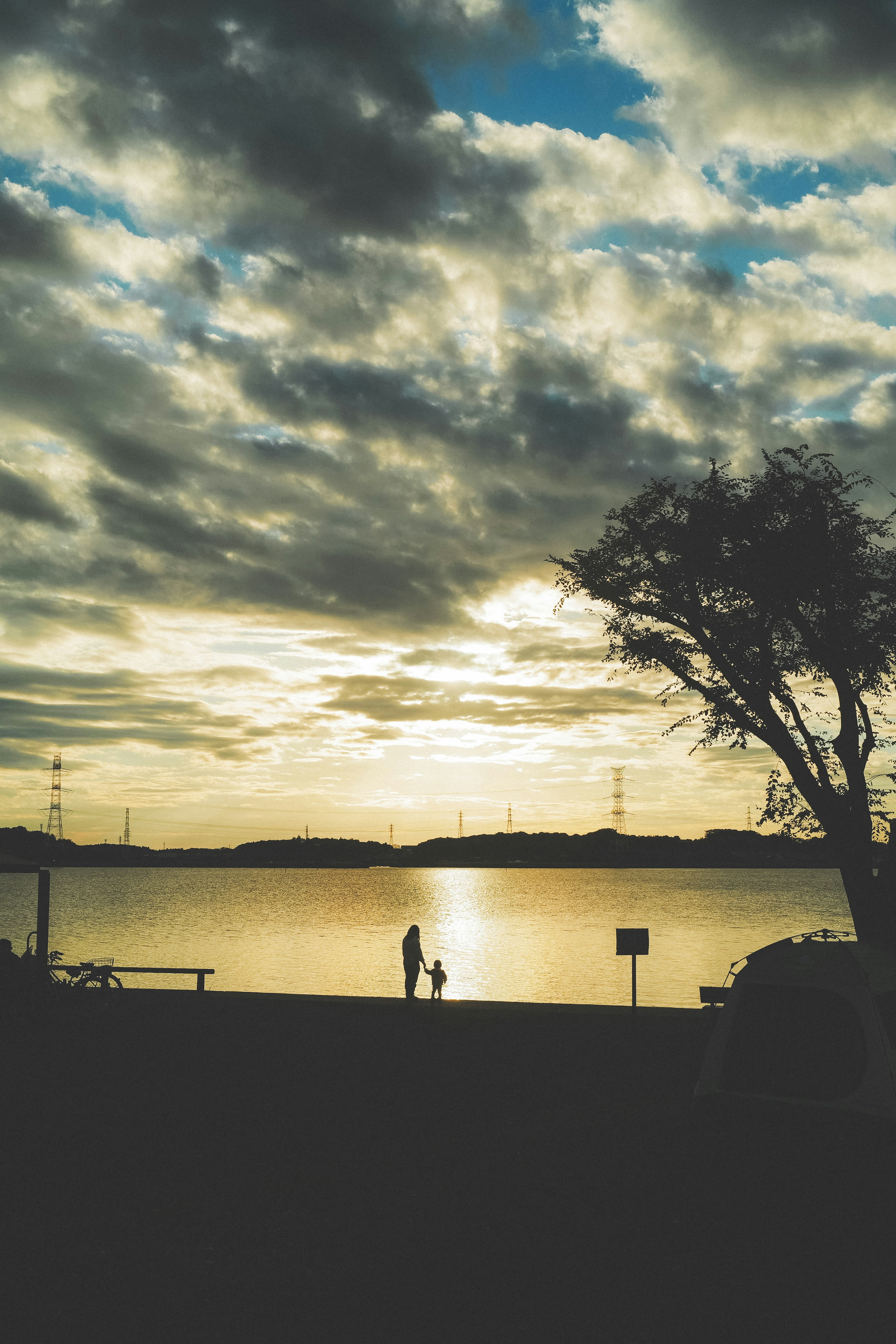 Silhouette einer Person und eines Hundes vor einem Sonnenuntergang