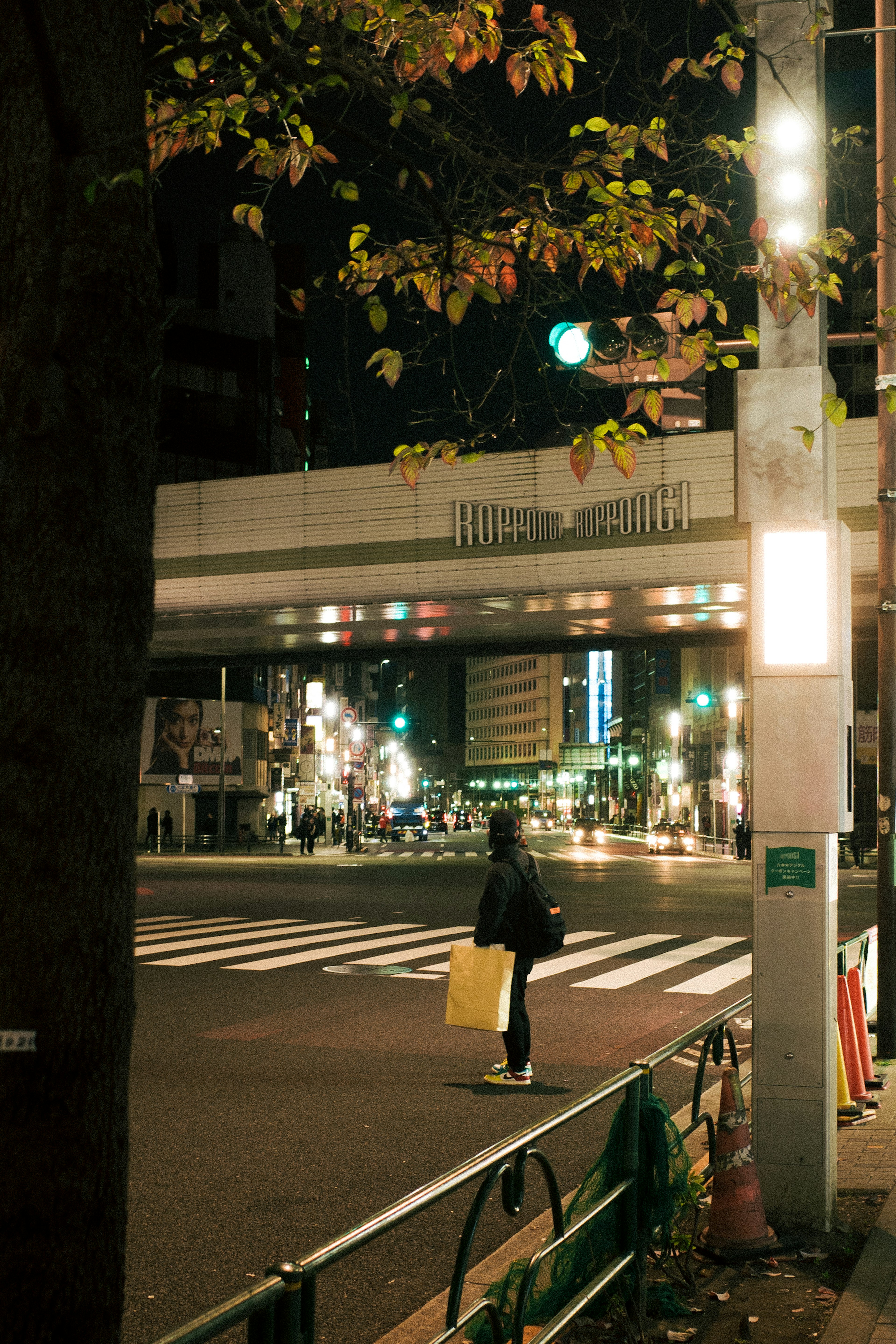 夜の街角で信号を待つ人物と横断歩道