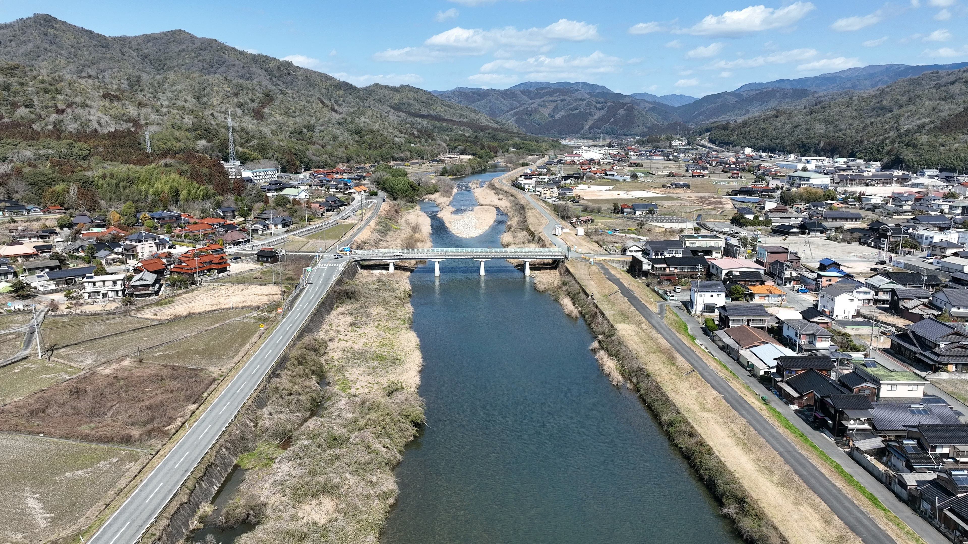 Vue aérienne d'une rivière avec un pont et paysage environnant