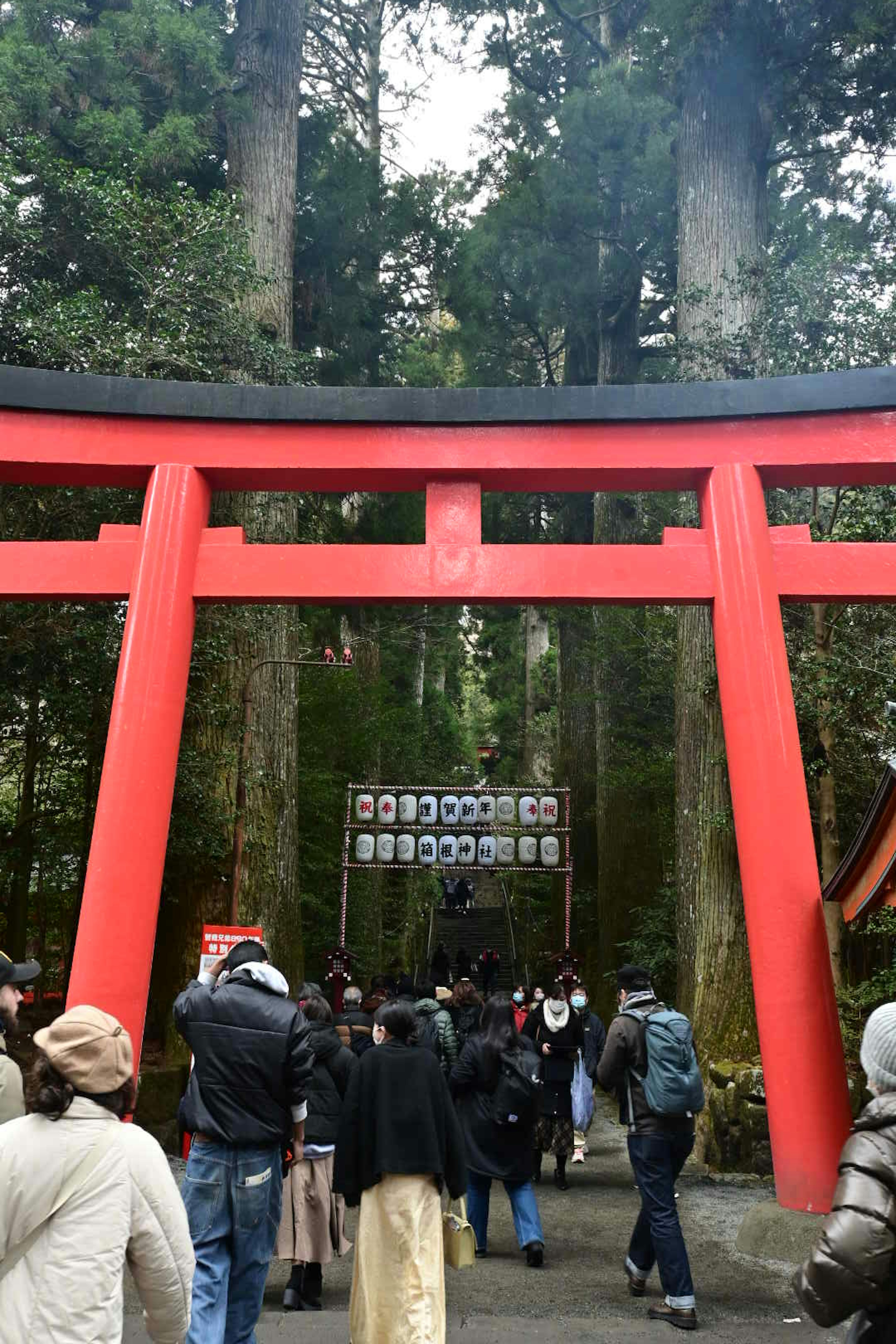 Touristen vor einem roten Torii umgeben von üppigem Grün in einer Schreinanlage