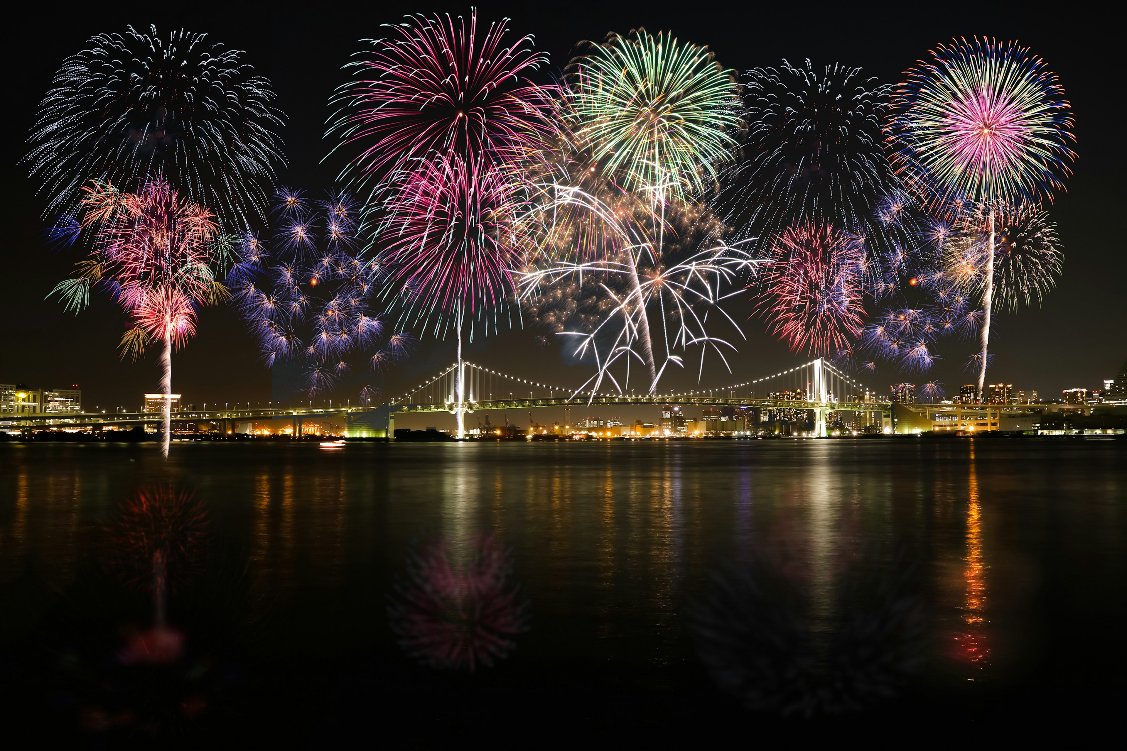 夜空中绽放的绚丽烟花与城市天际线