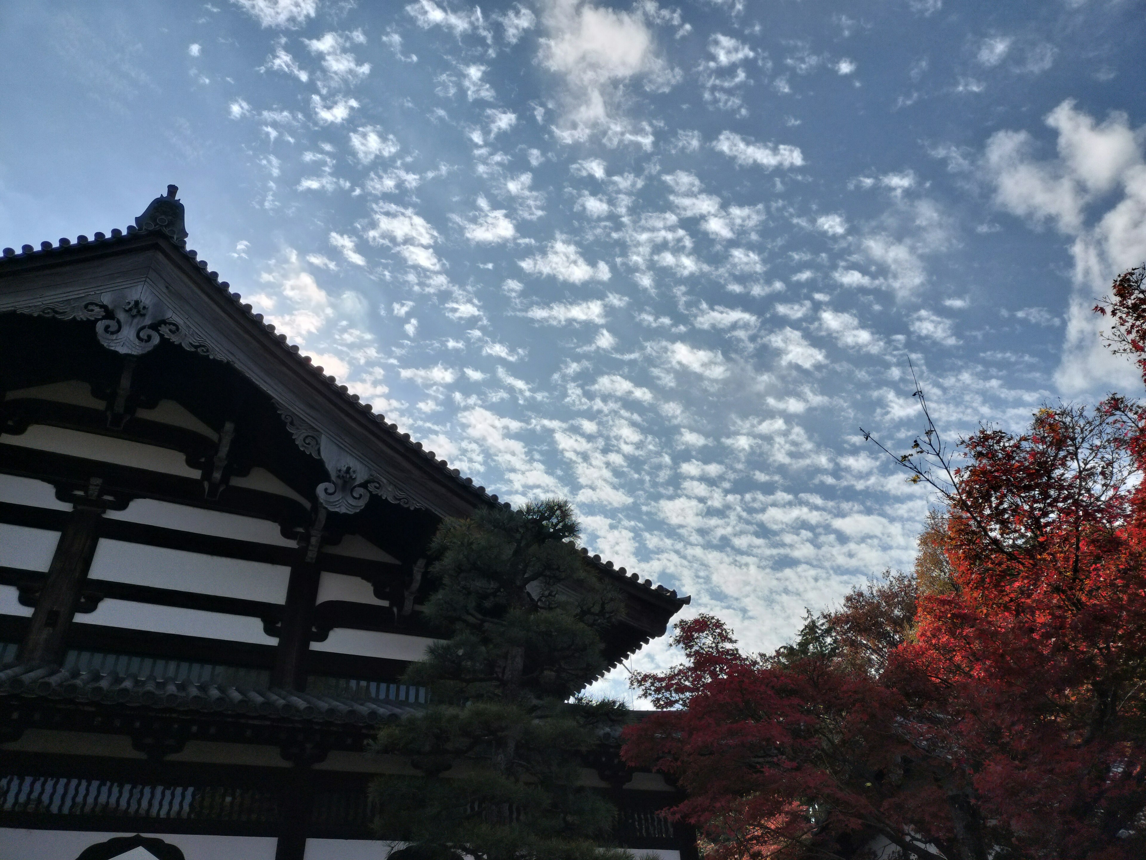 Arsitektur Jepang tradisional di bawah langit biru dengan awan tersebar dan dedaunan musim gugur