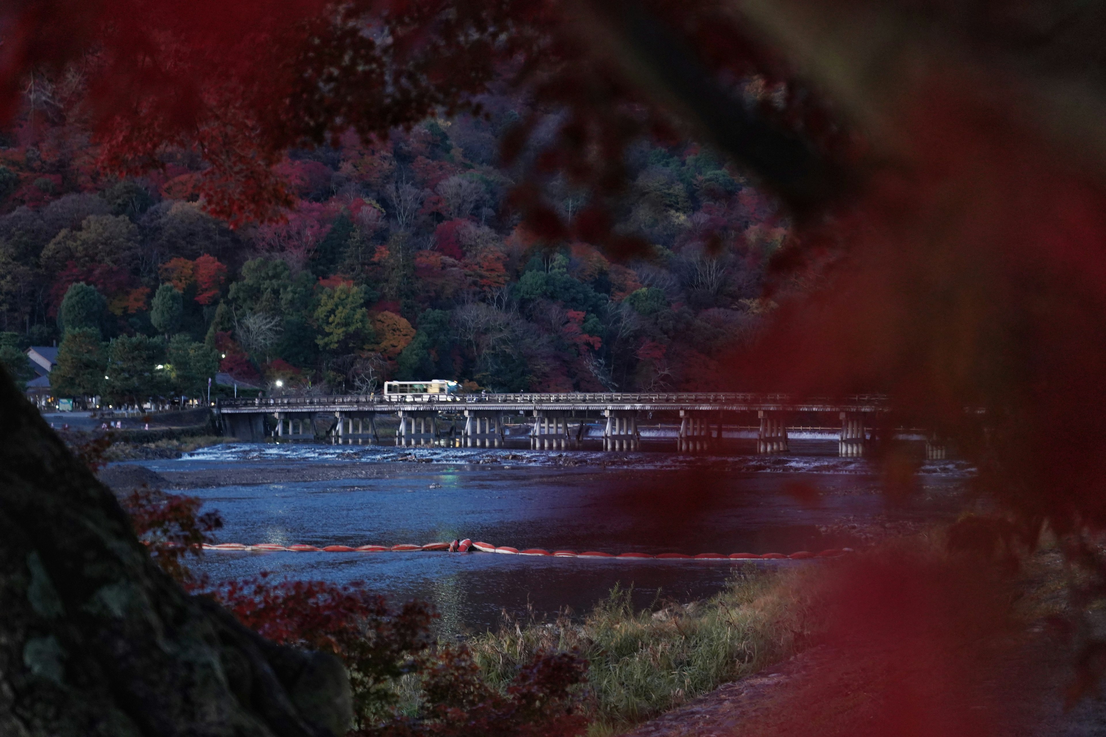 Vue pittoresque d'une rivière et d'un pont encadrés par un feuillage d'automne coloré