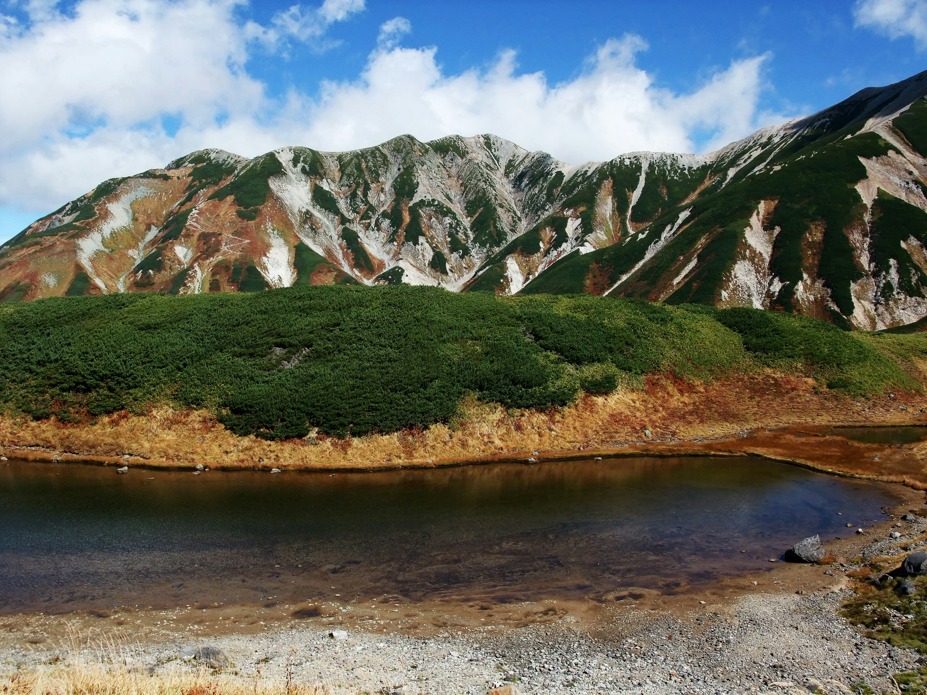 美しい山々と緑の草地に囲まれた静かな池の風景