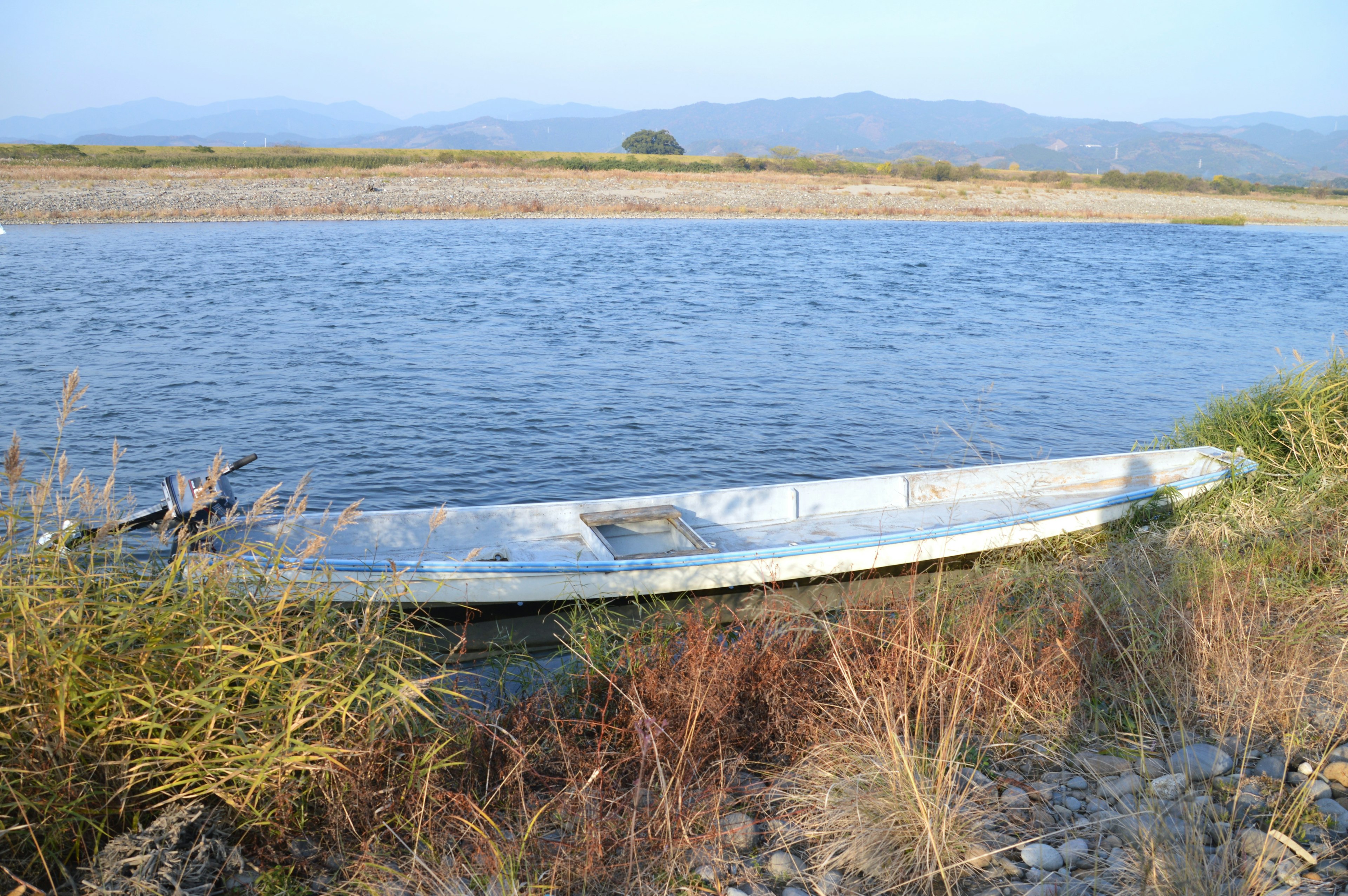 Ein altes Boot am Ufer des Flusses umgeben von Gras