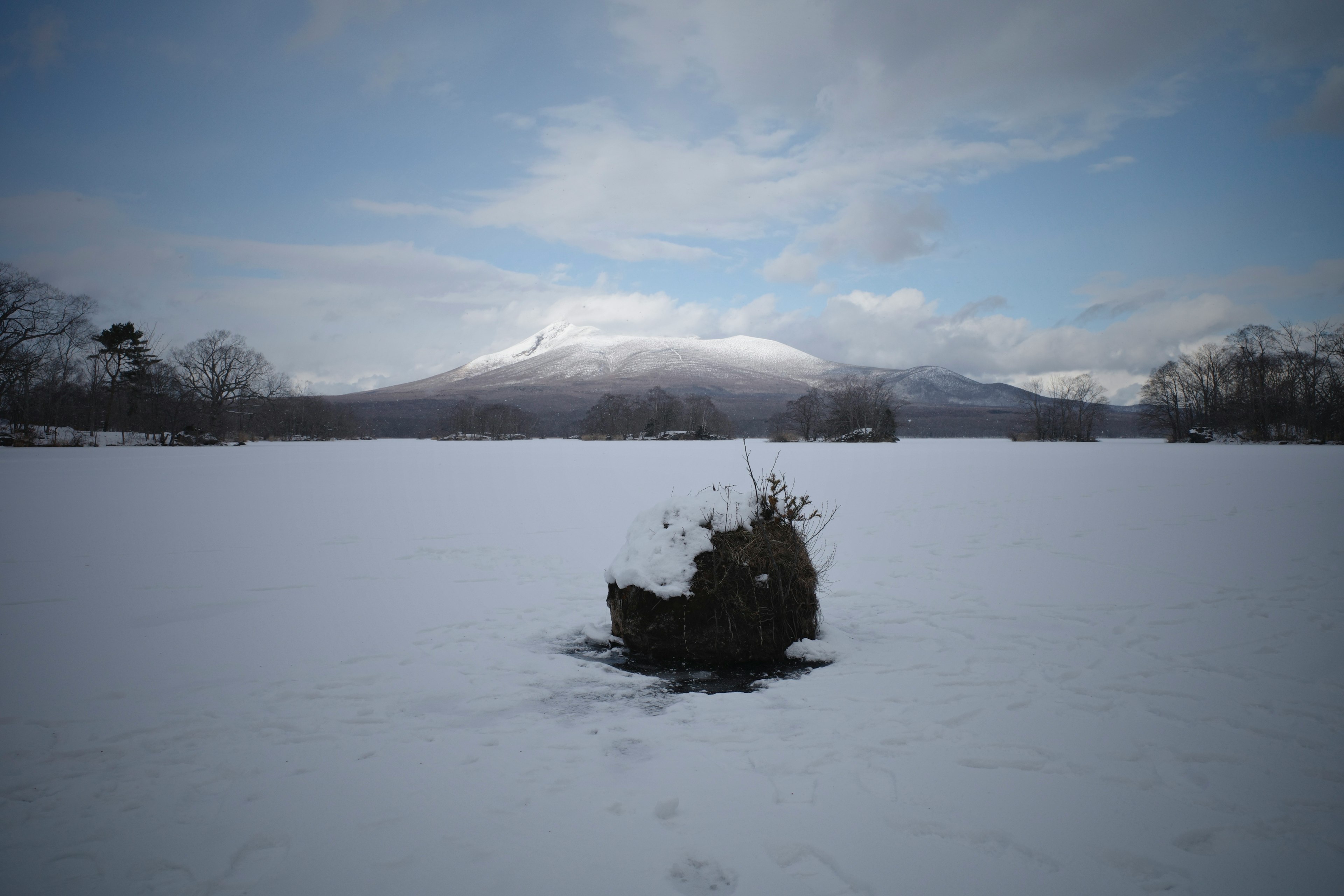 雪に覆われた湖と遠くの山々の景色