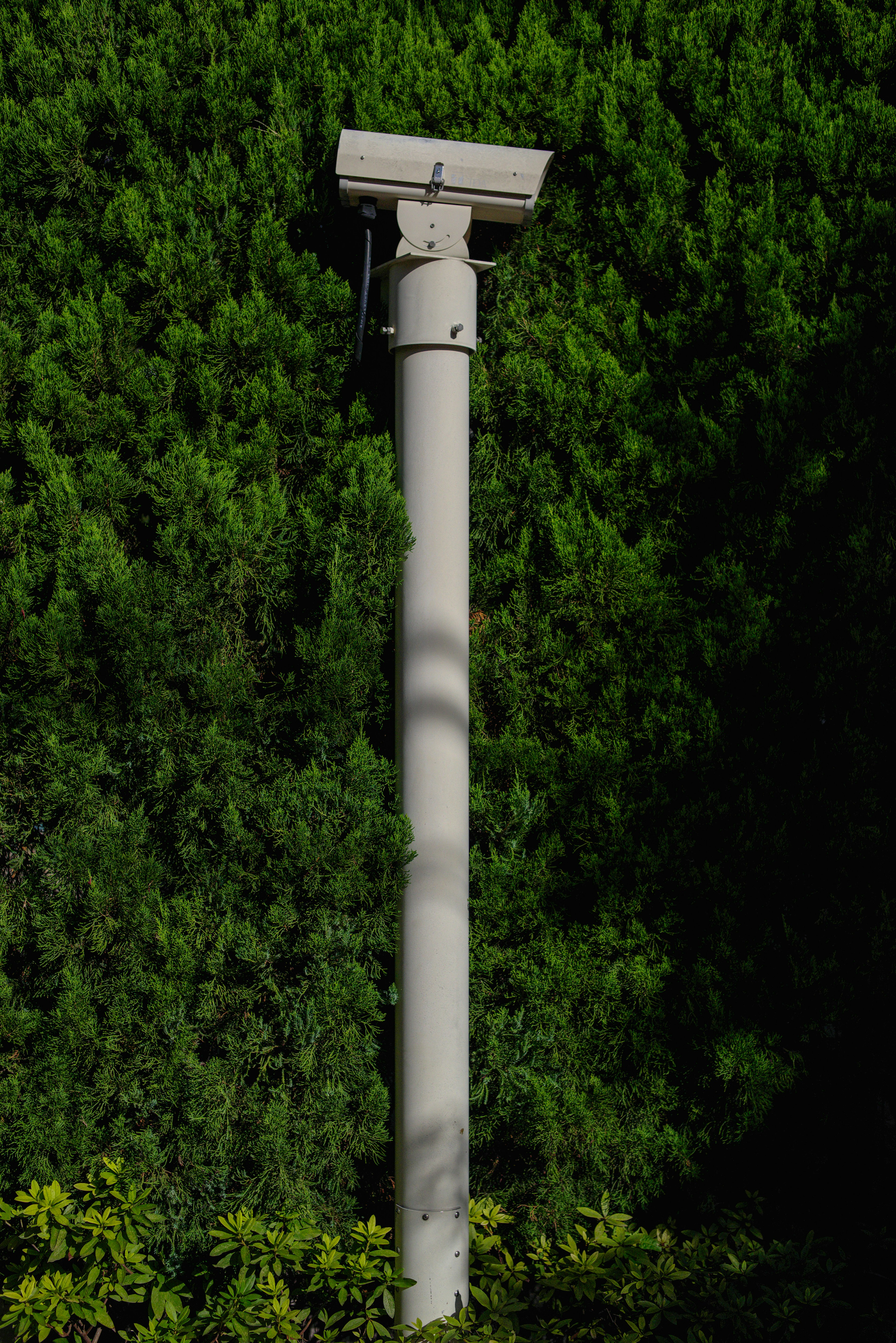 Surveillance camera pole against a green background