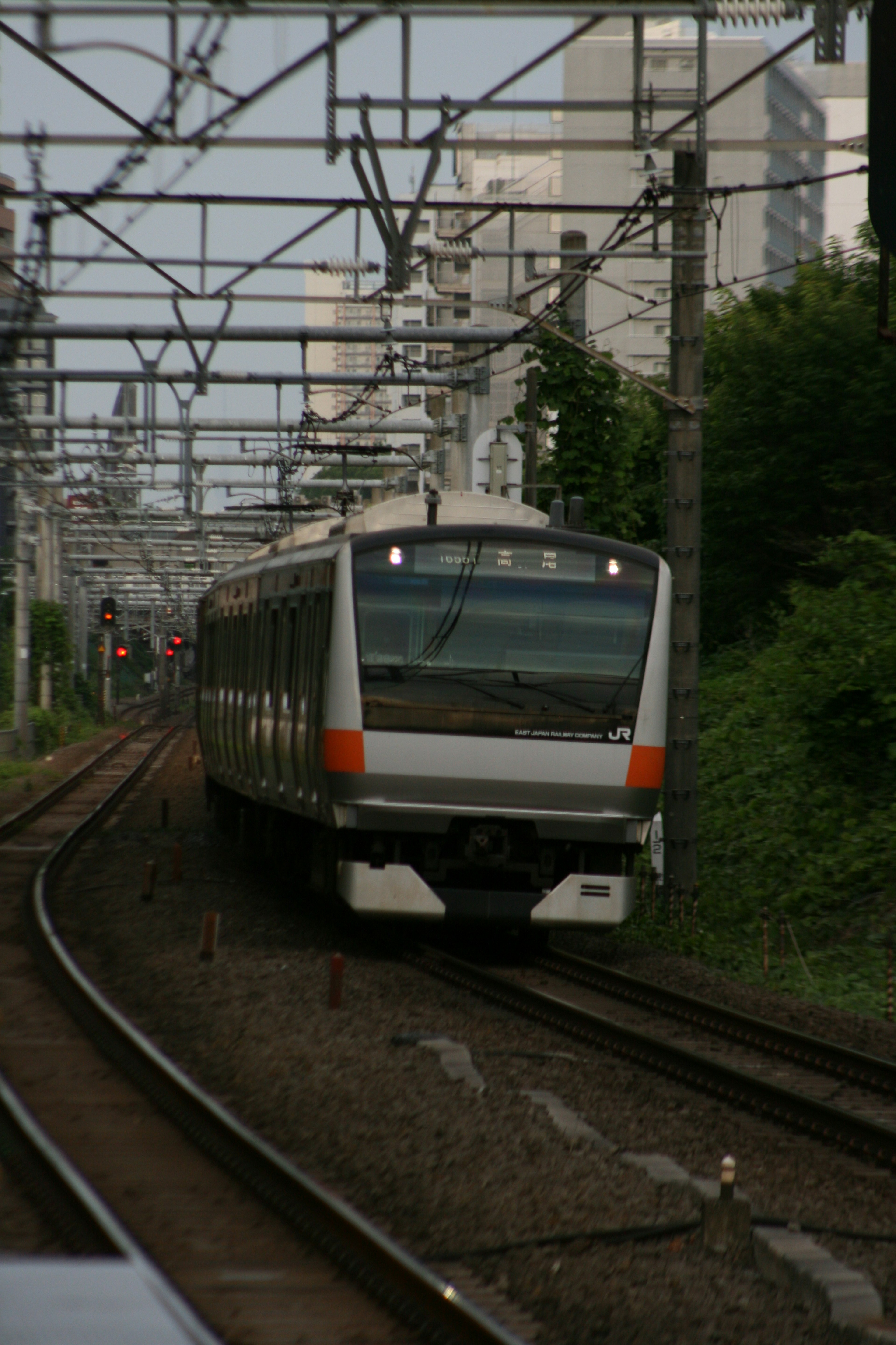 Un tren acercándose a una curva en las vías rodeado de vegetación y edificios