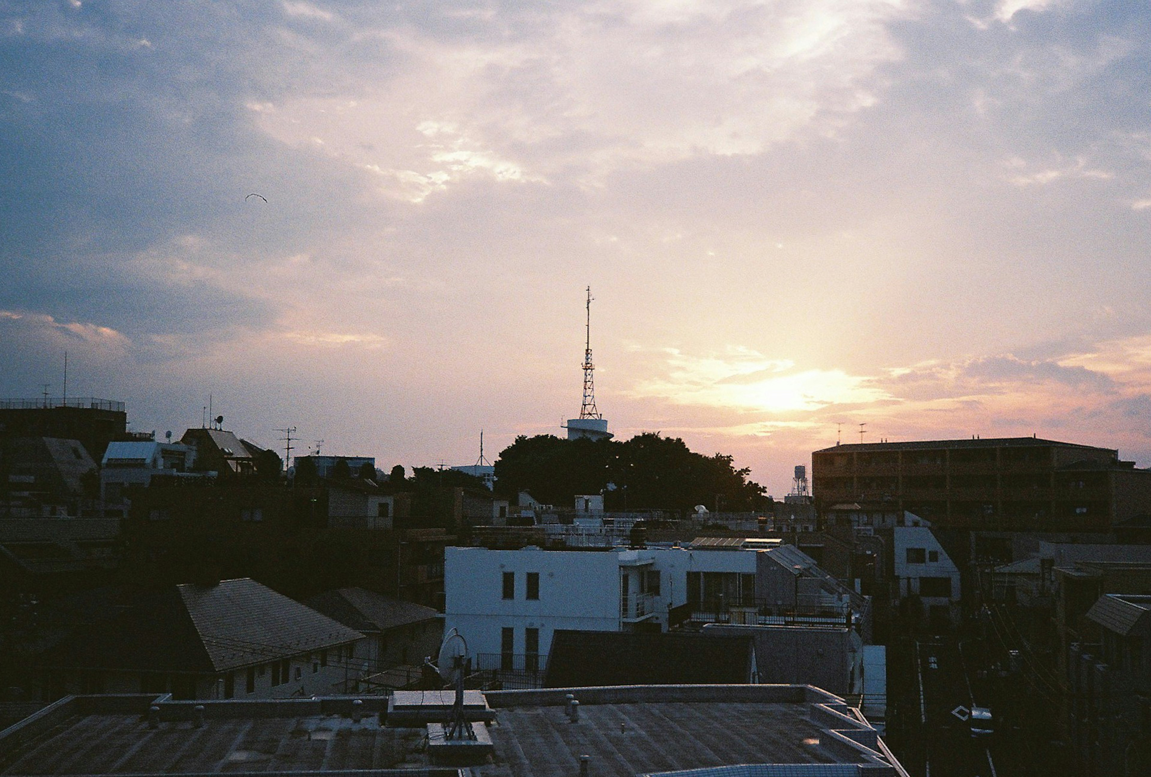 日落时的城市风景，背景中有一座高塔