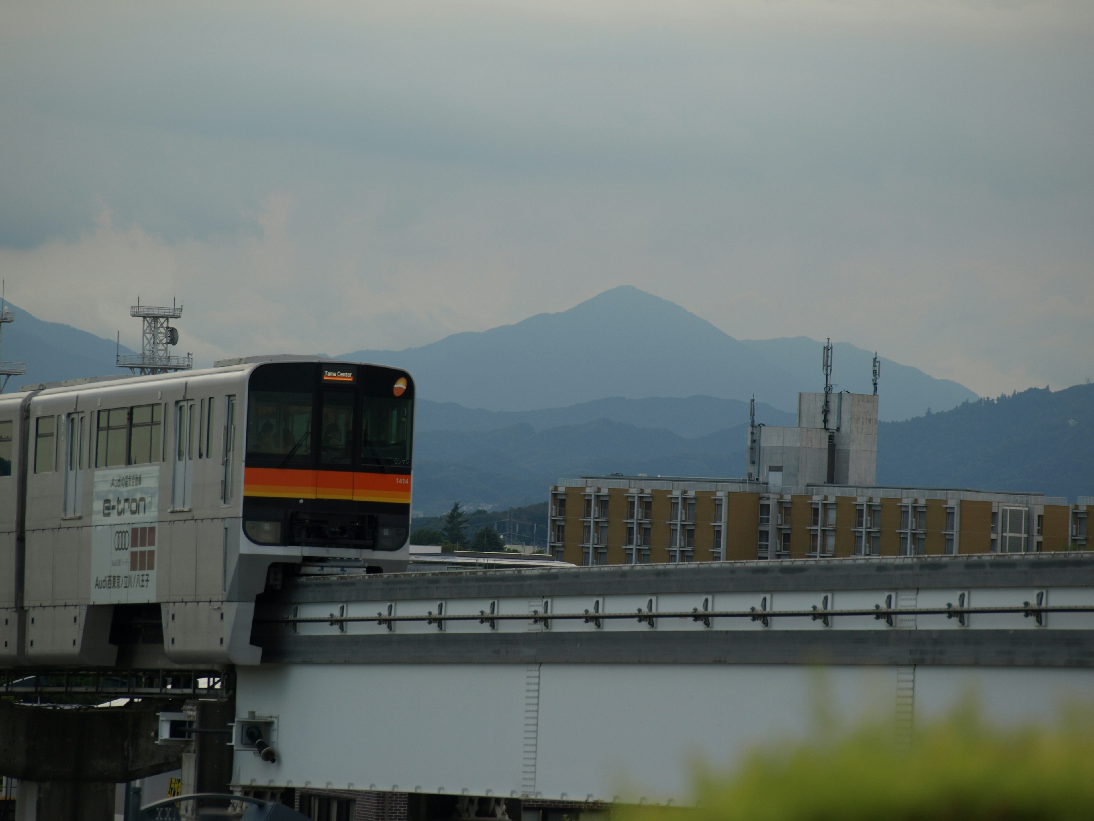 Monorail traveling against a backdrop of mountains