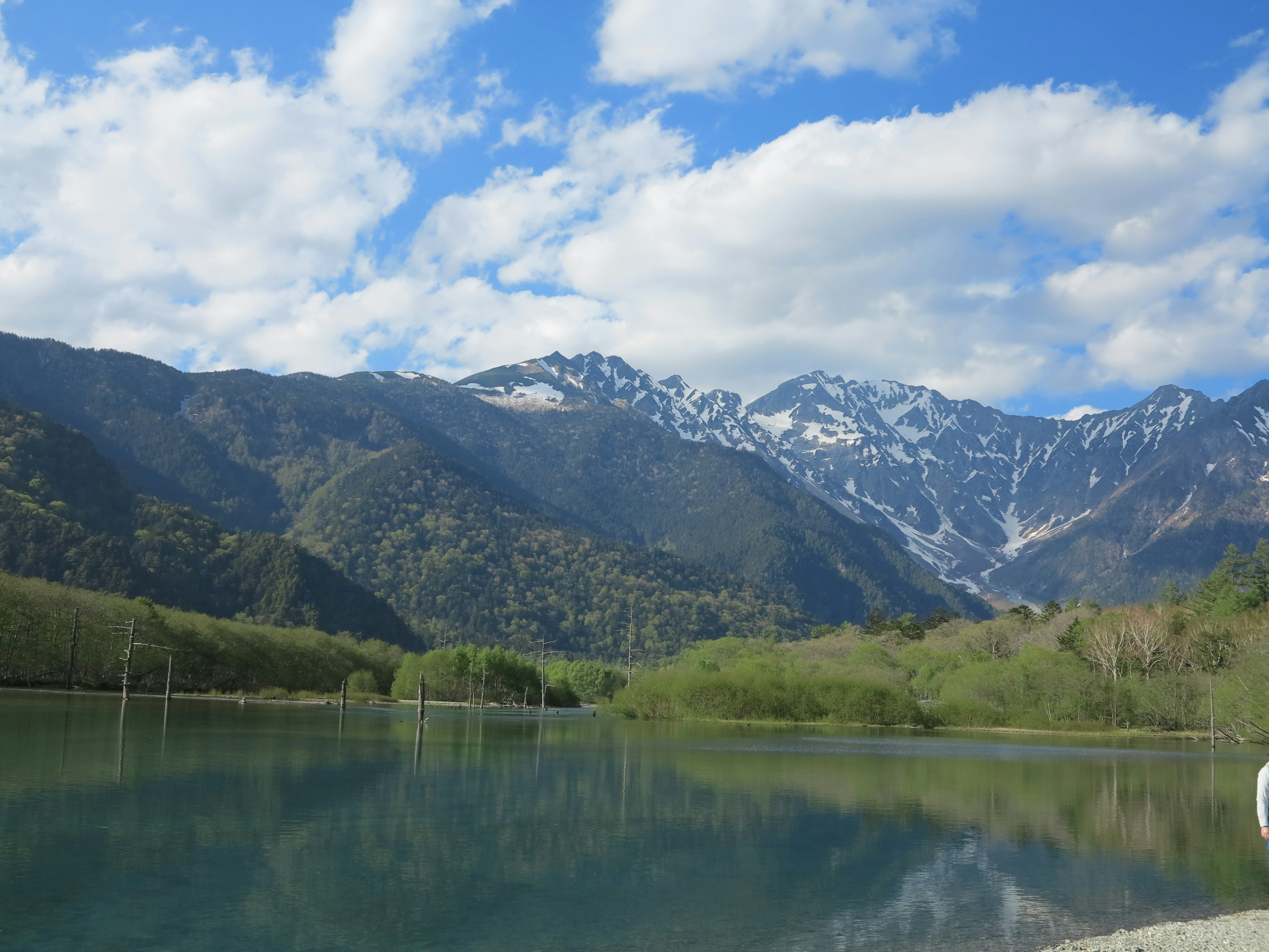 Scenic view of a lake surrounded by mountains under a blue sky with fluffy clouds