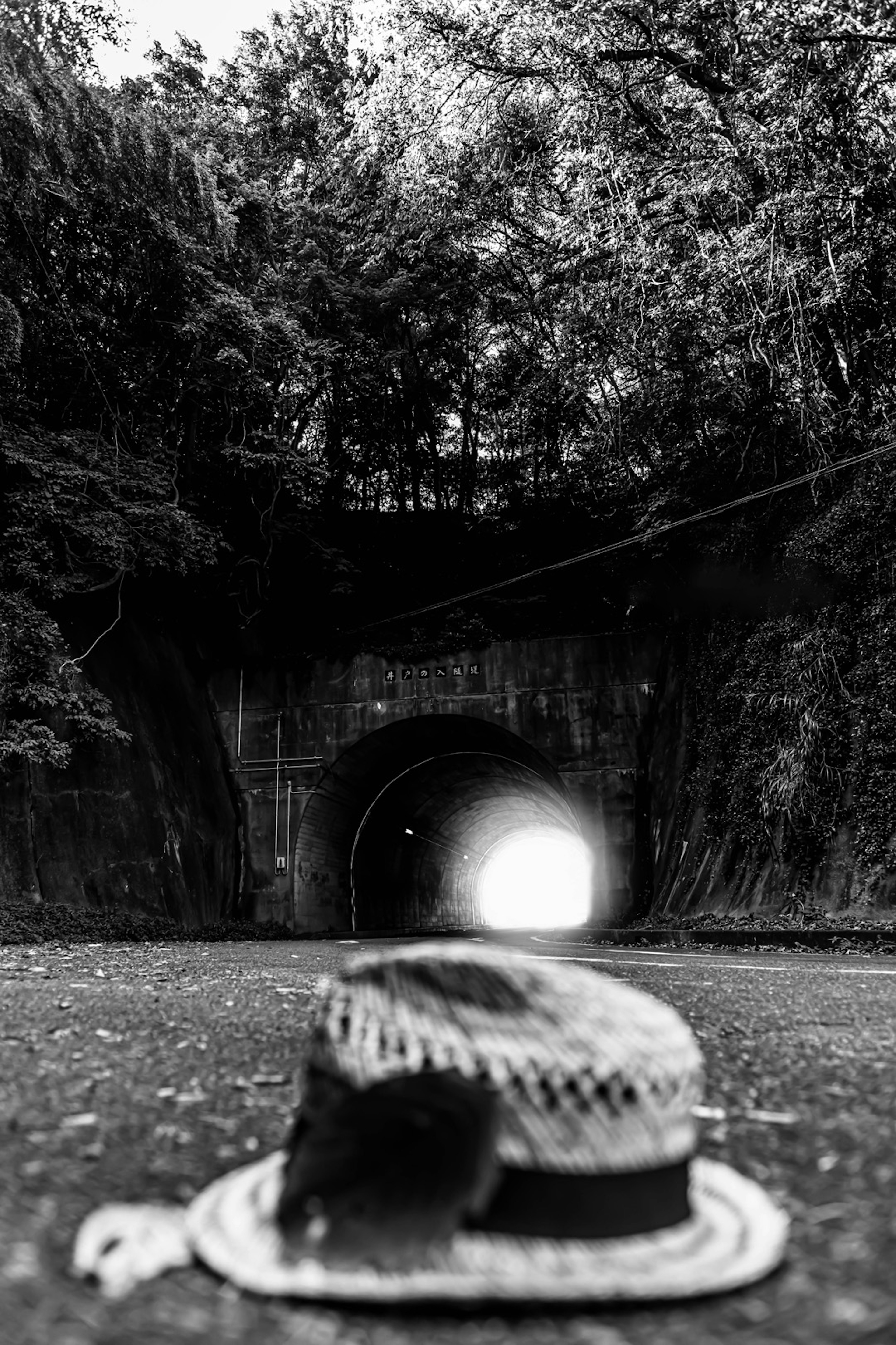 Straw hat placed in front of a tunnel surrounded by trees