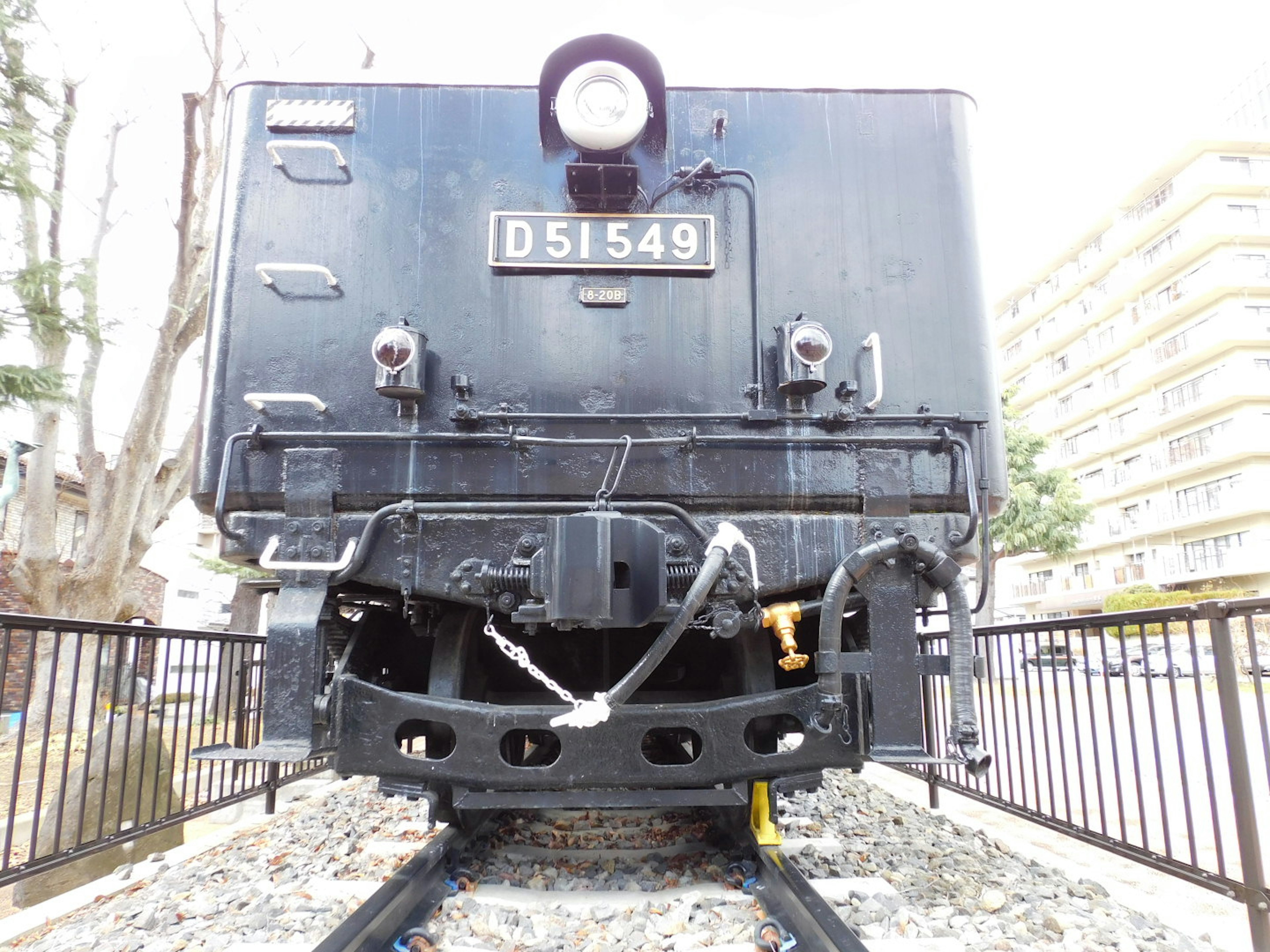 Front view of a black steam locomotive with number D51549