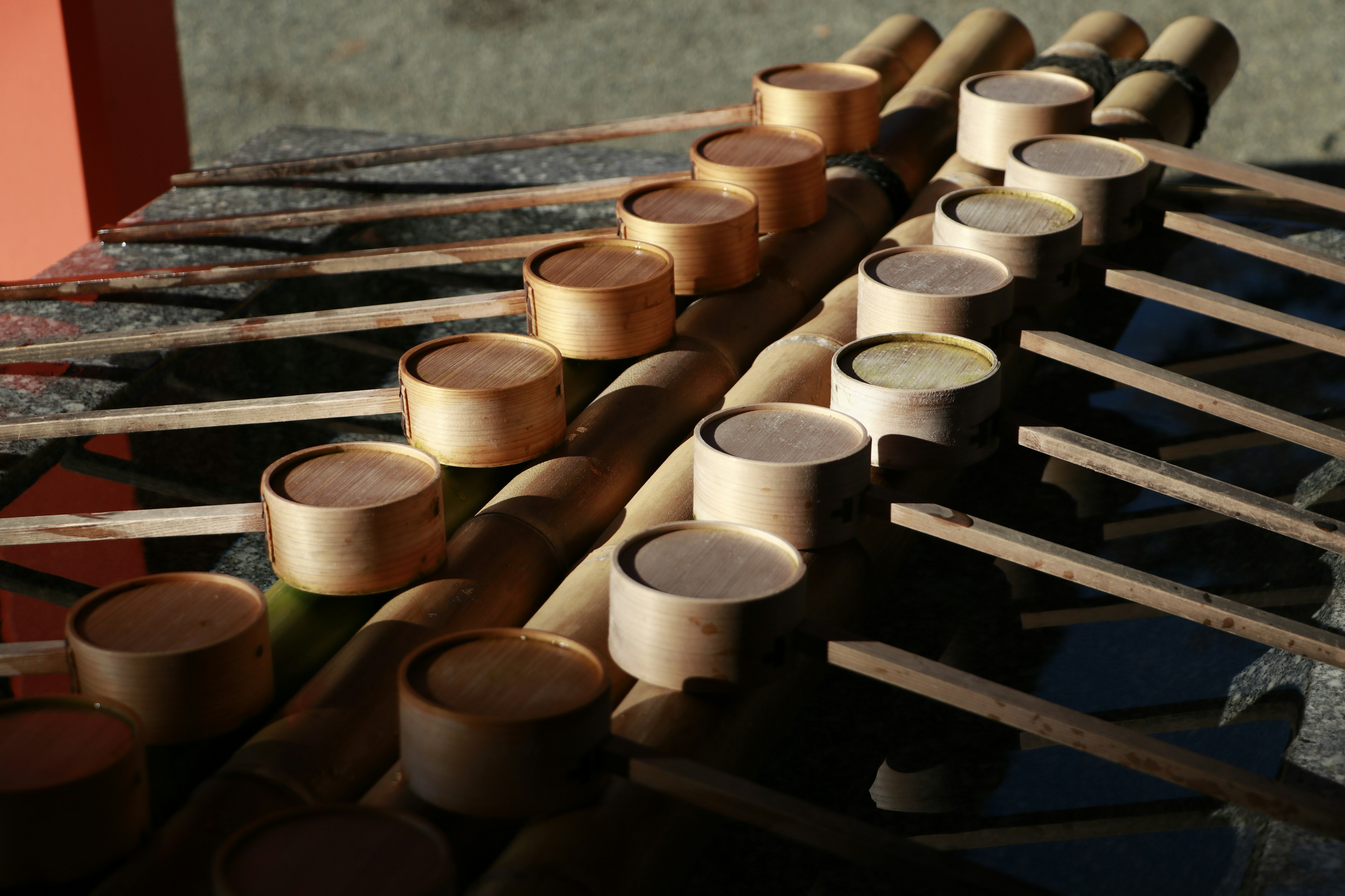 A row of bamboo musical instruments arranged in a line