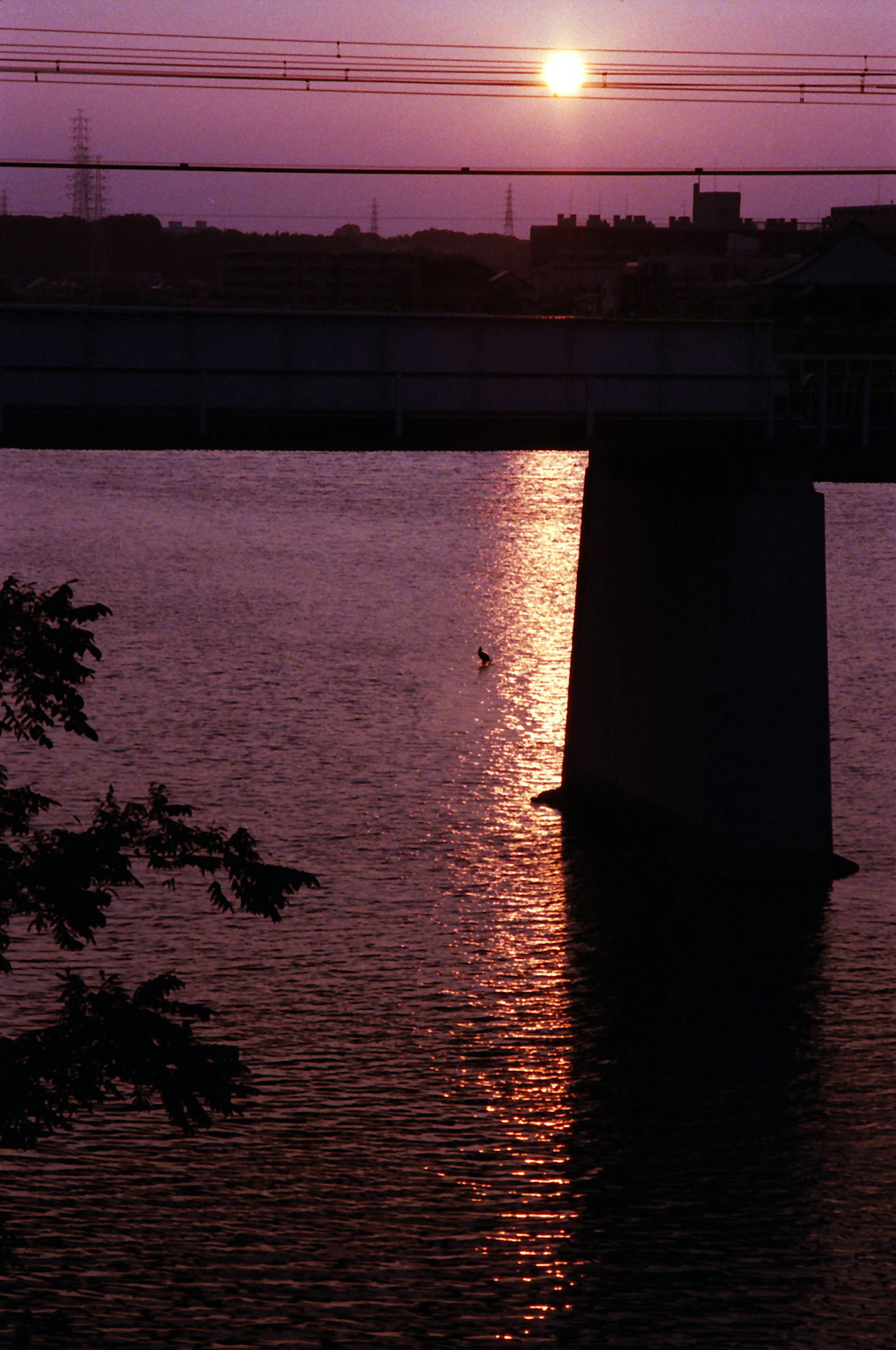 Bridge silhouette against a purple sunset with sunlight reflecting on the water