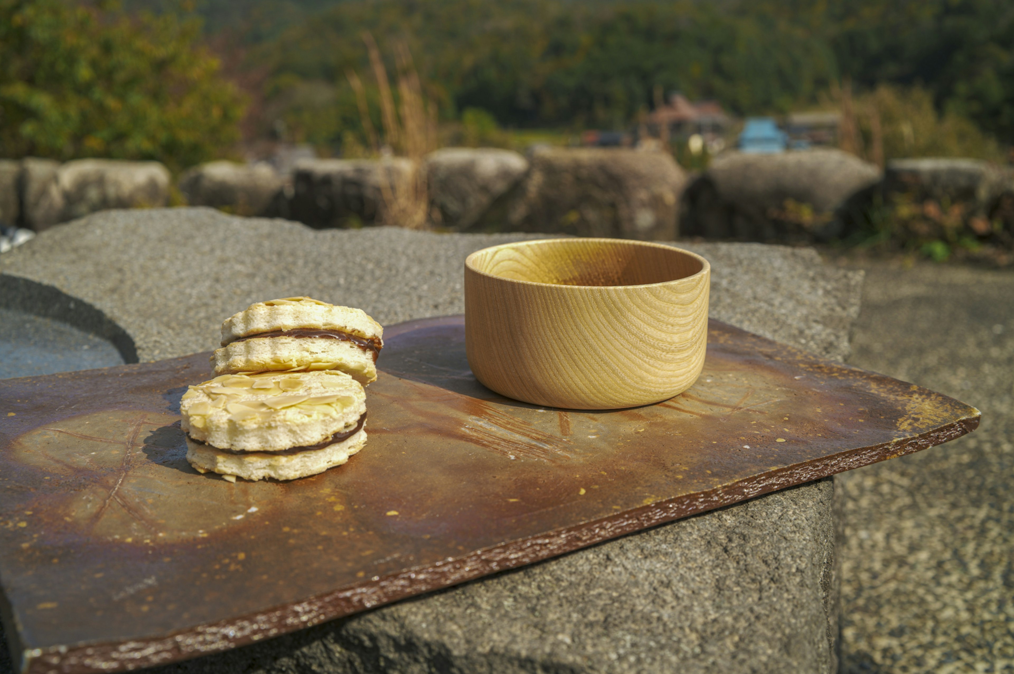 Bol en bois et biscuits sur un plateau rustique en extérieur