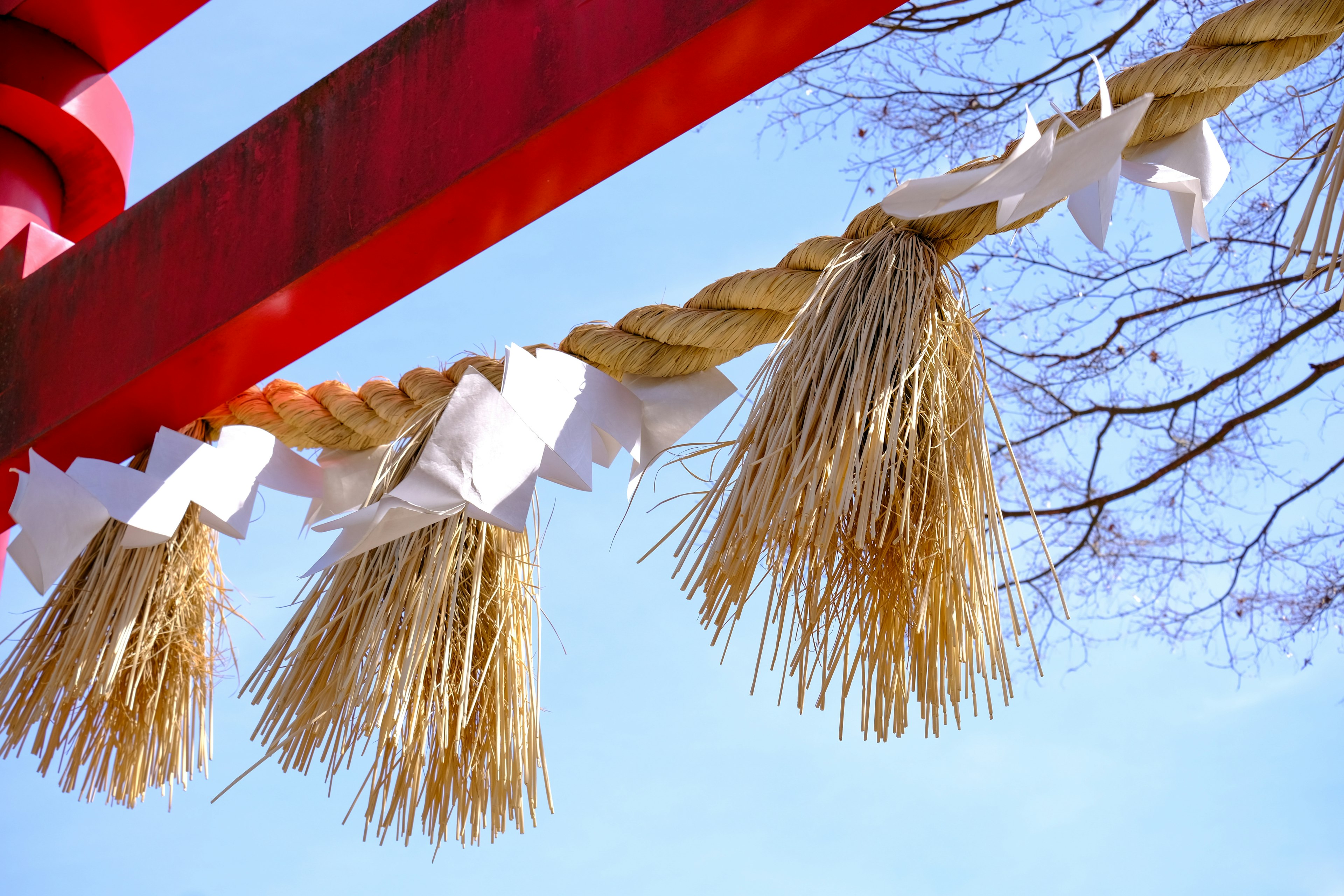 Shimenawa und weiße Papierdekorationen hängen von einem roten Torii