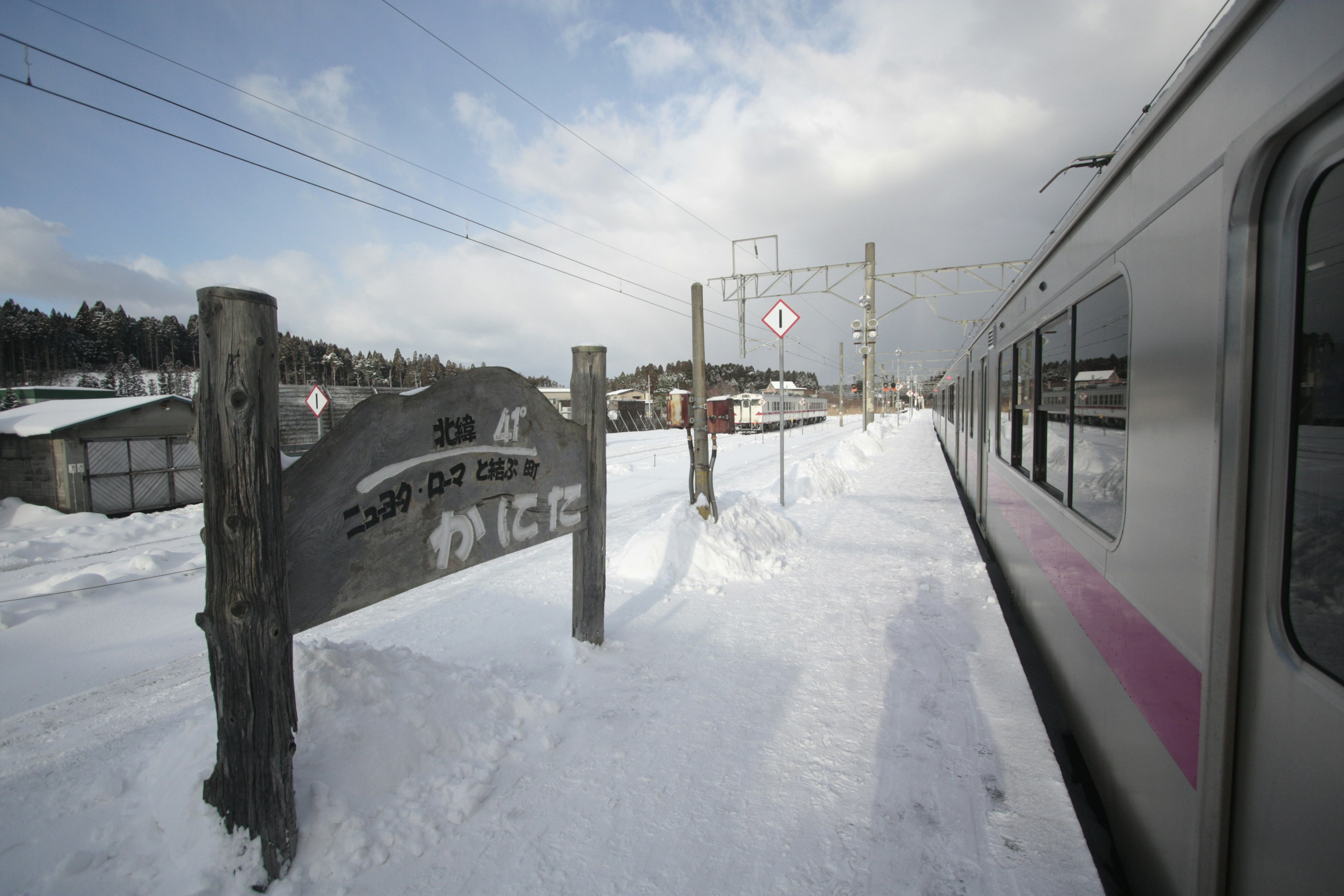 雪に覆われた駅と列車の風景