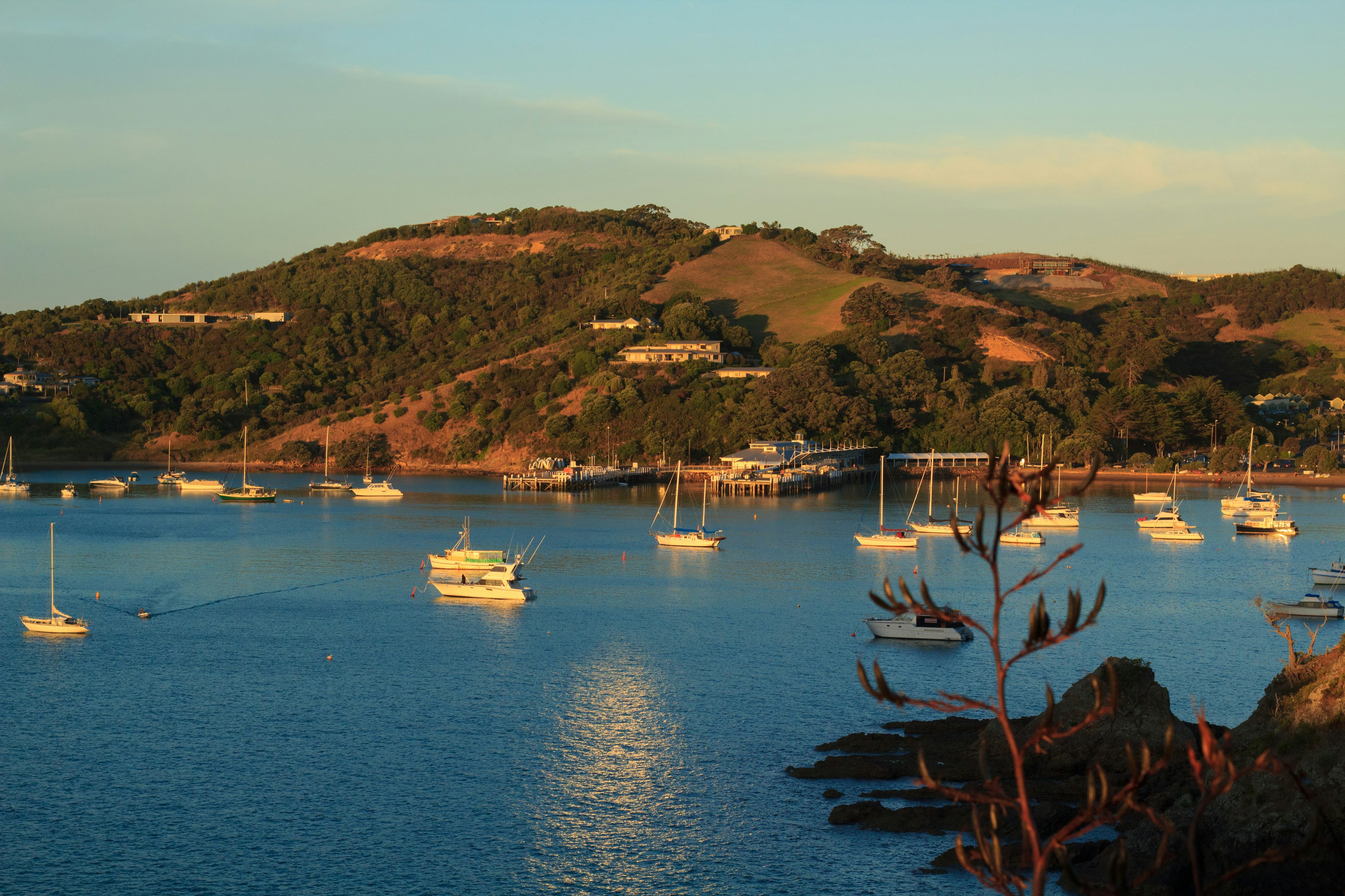 Scenic view of boats anchored in calm waters near a coastal hillside