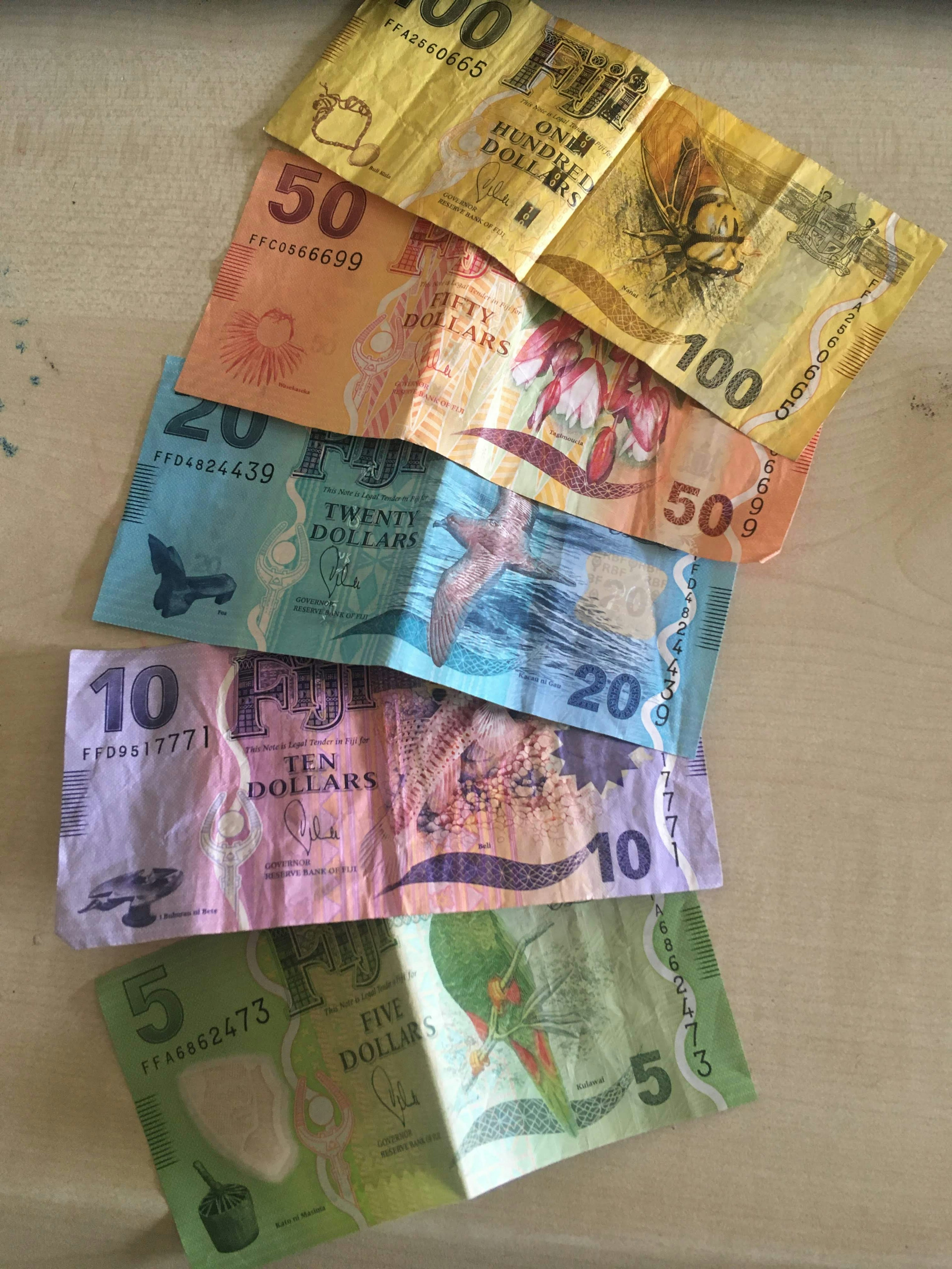 Colorful banknotes stacked in varying denominations