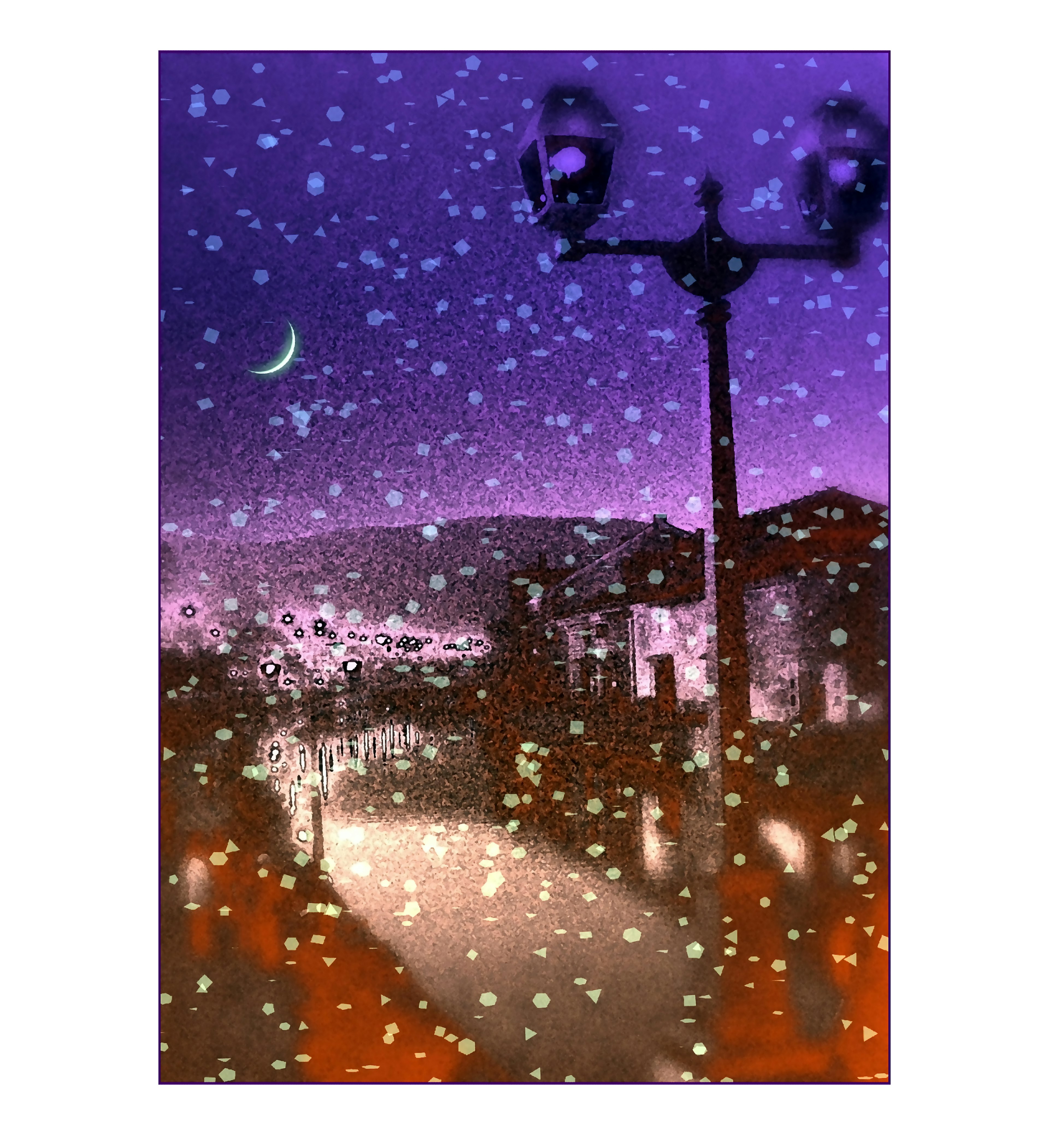 城市中雪花飘落的魔法夜景