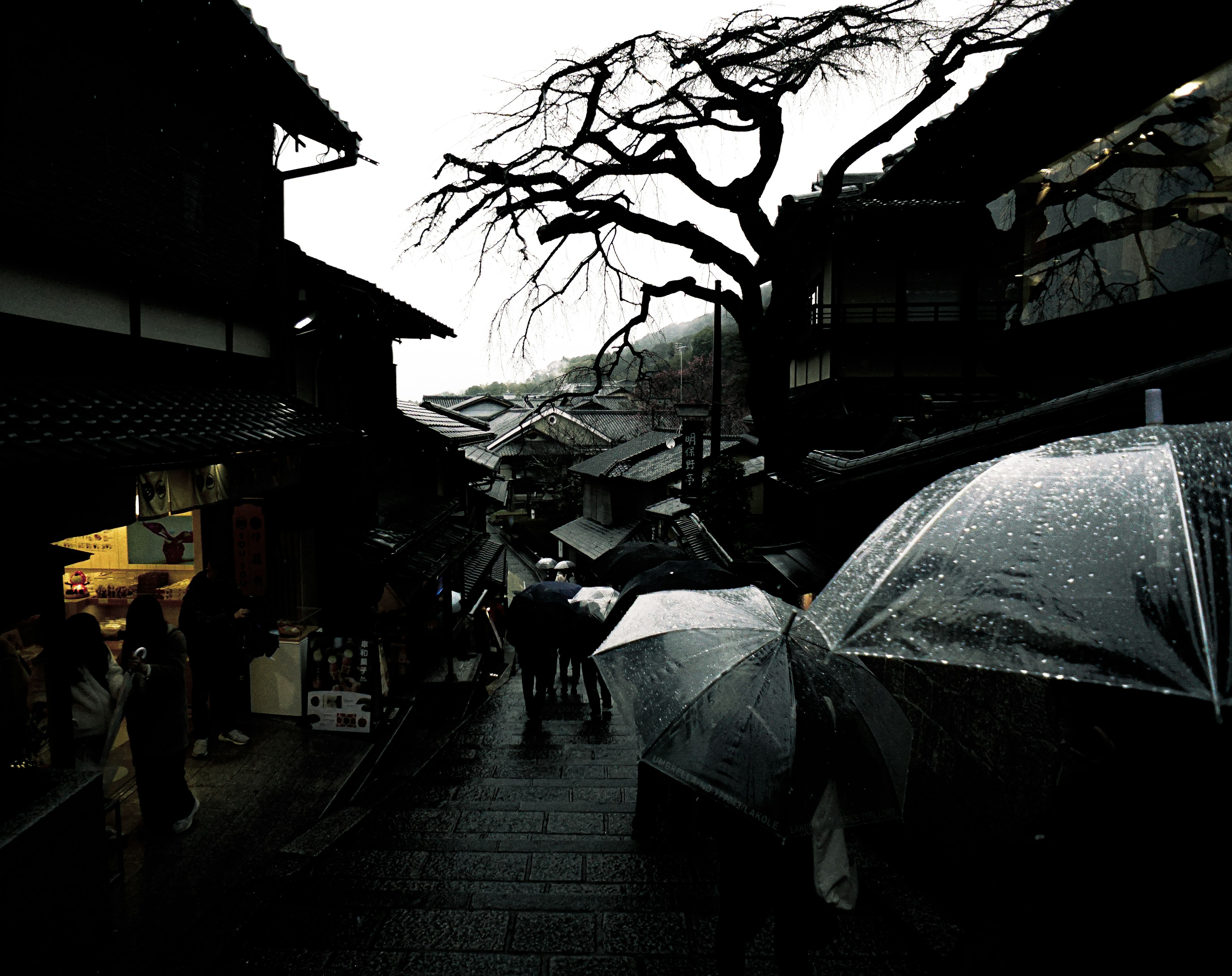 雨の中の古い街並みと傘を持つ人々