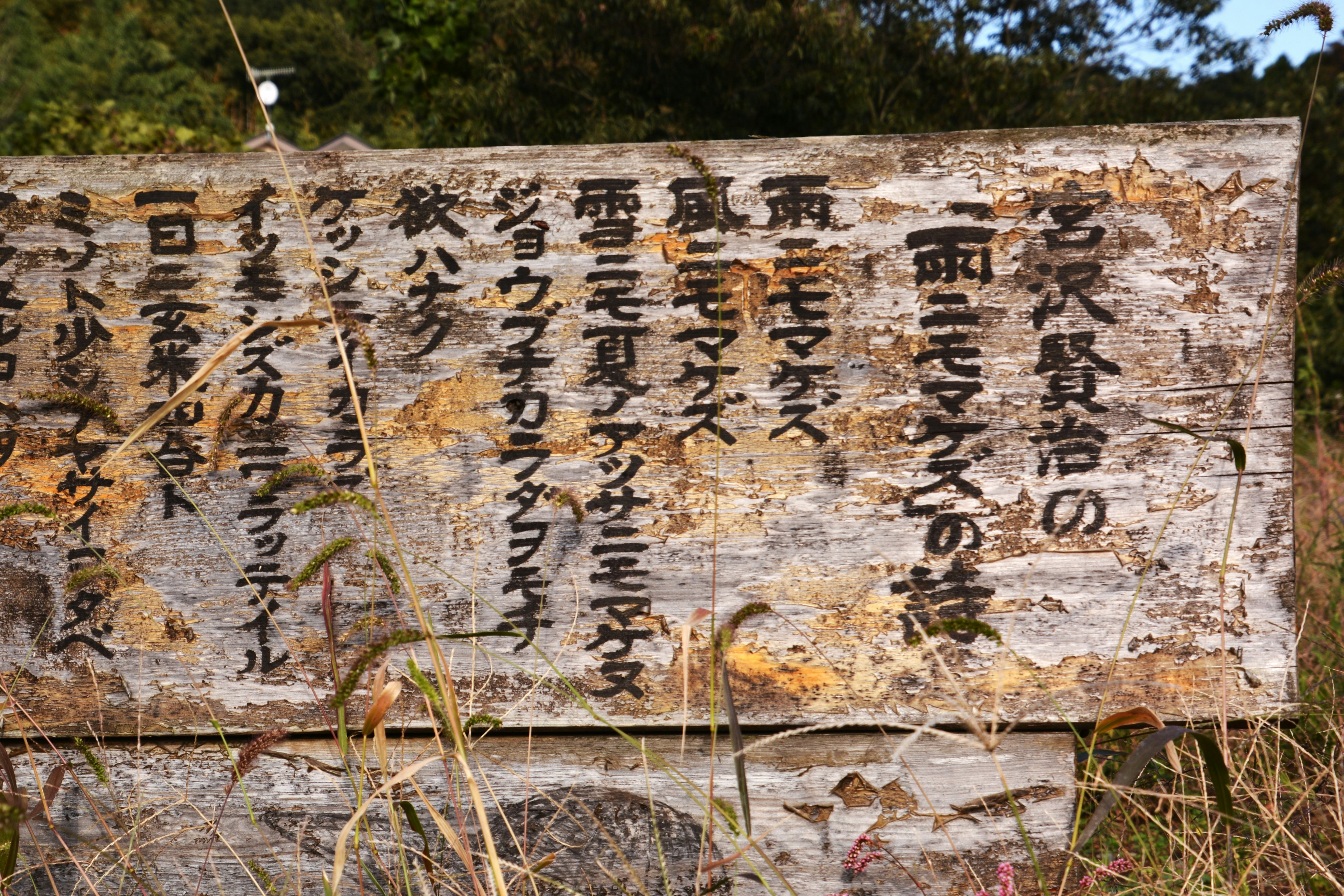 Panneau en bois usé avec du texte japonais et un fond naturel