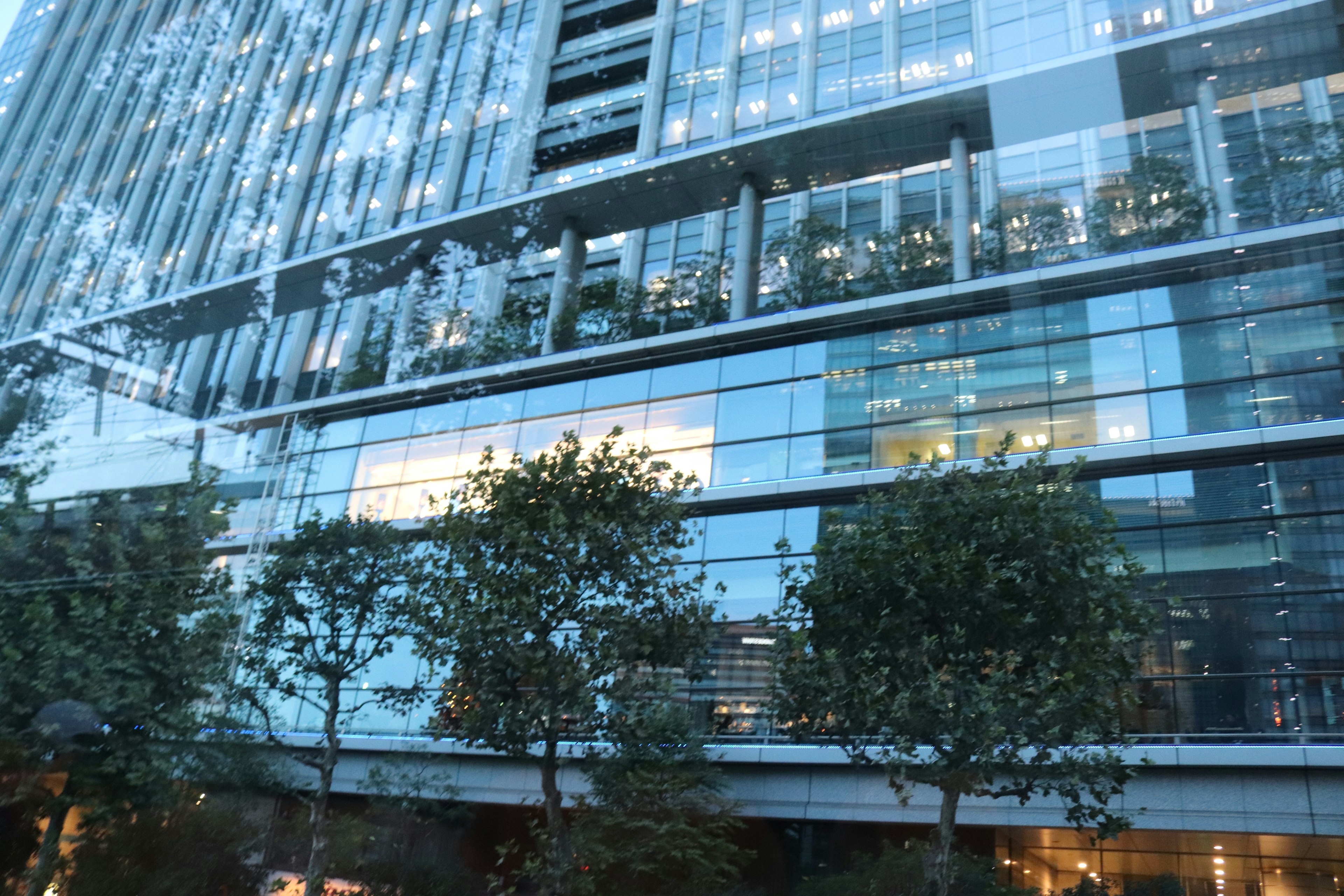 Exterior de un edificio moderno con fachada de vidrio en un entorno urbano