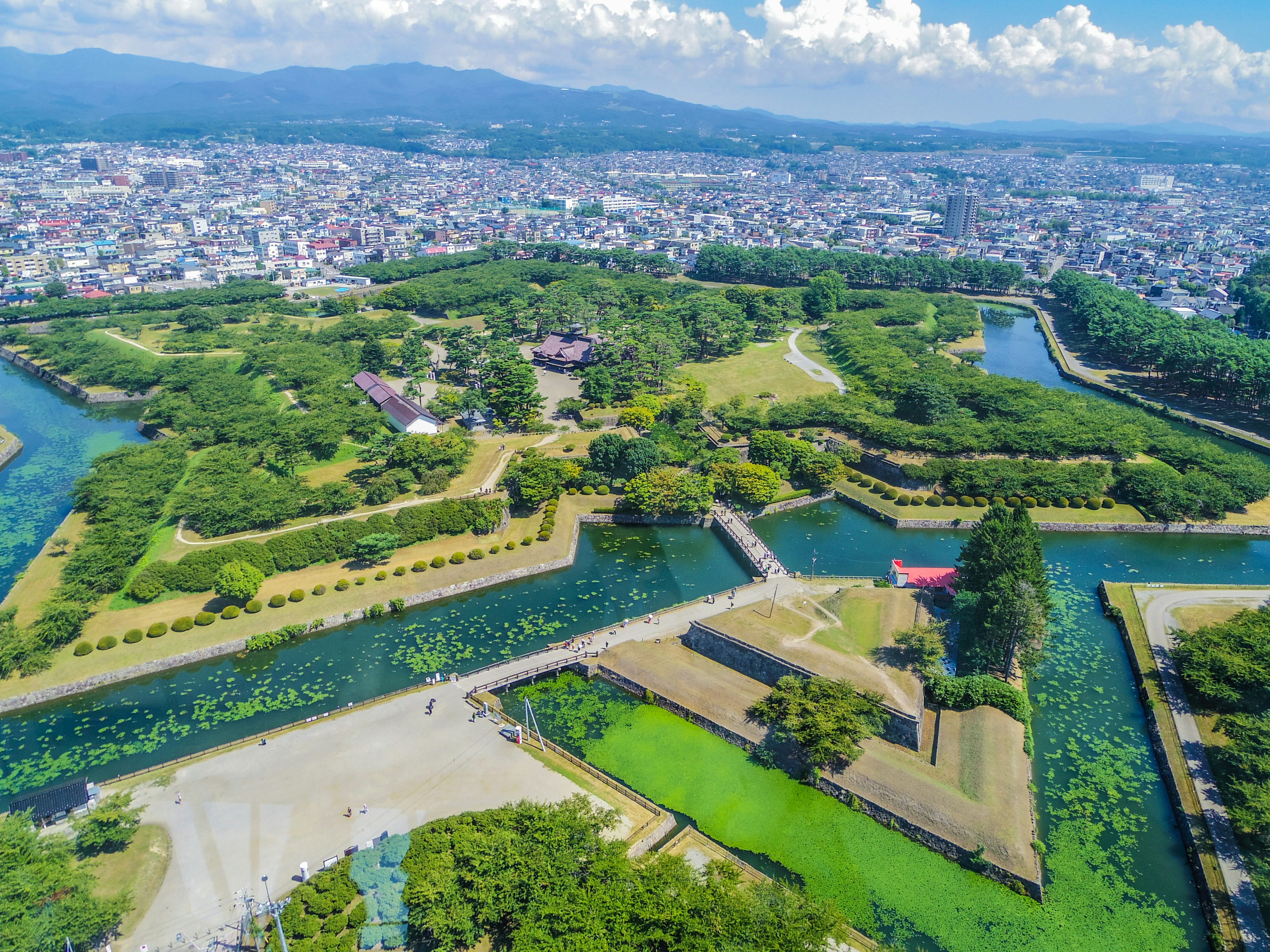 Luftaufnahme eines üppigen Parks mit Wasserwegen und Stadtlandschaft im Hintergrund