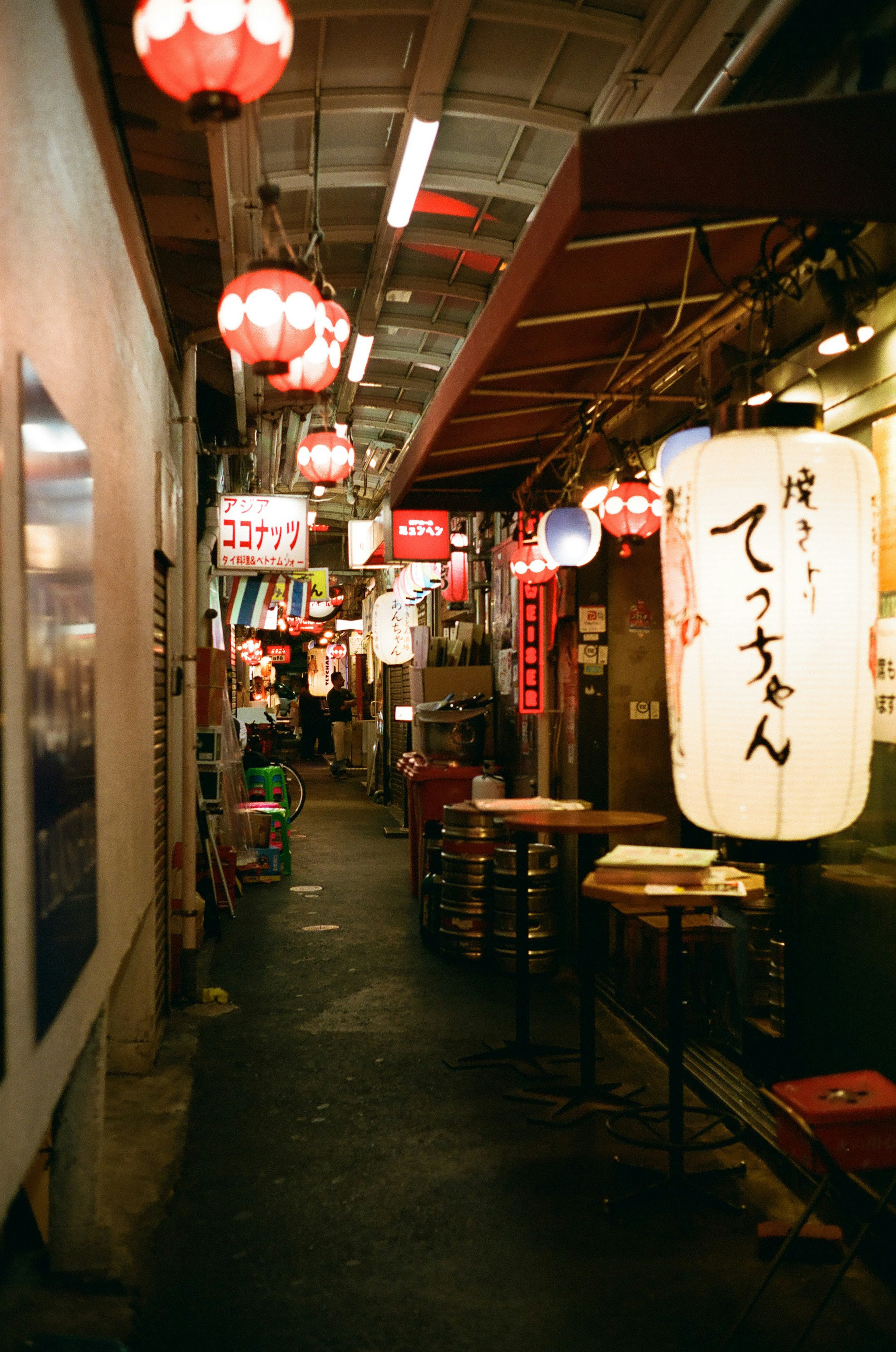 Narrow alley lined with Japanese eateries featuring red lanterns and signs