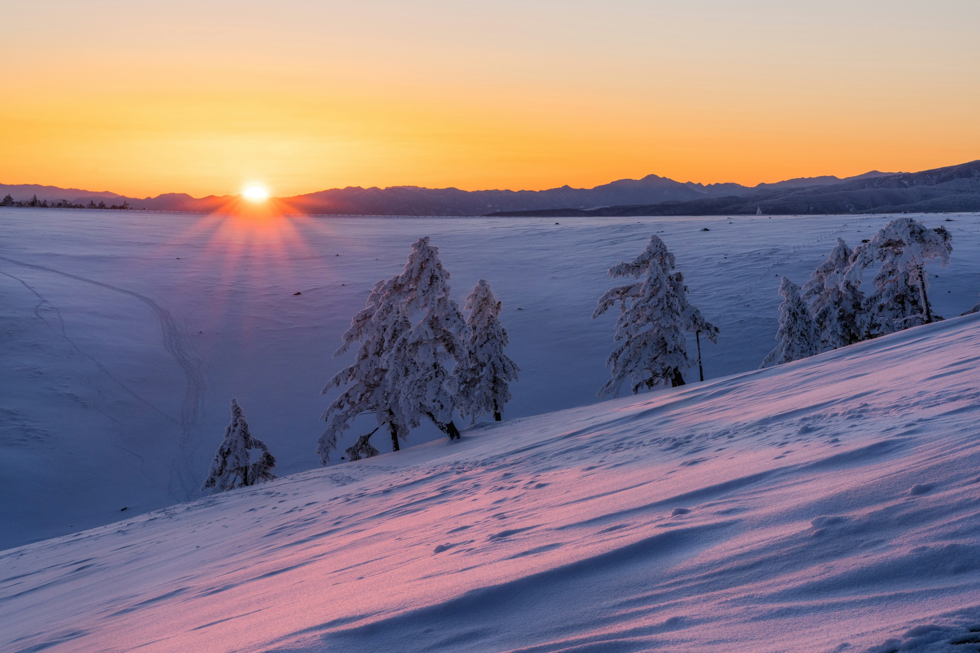 Sunrise over a snow-covered landscape with orange sky