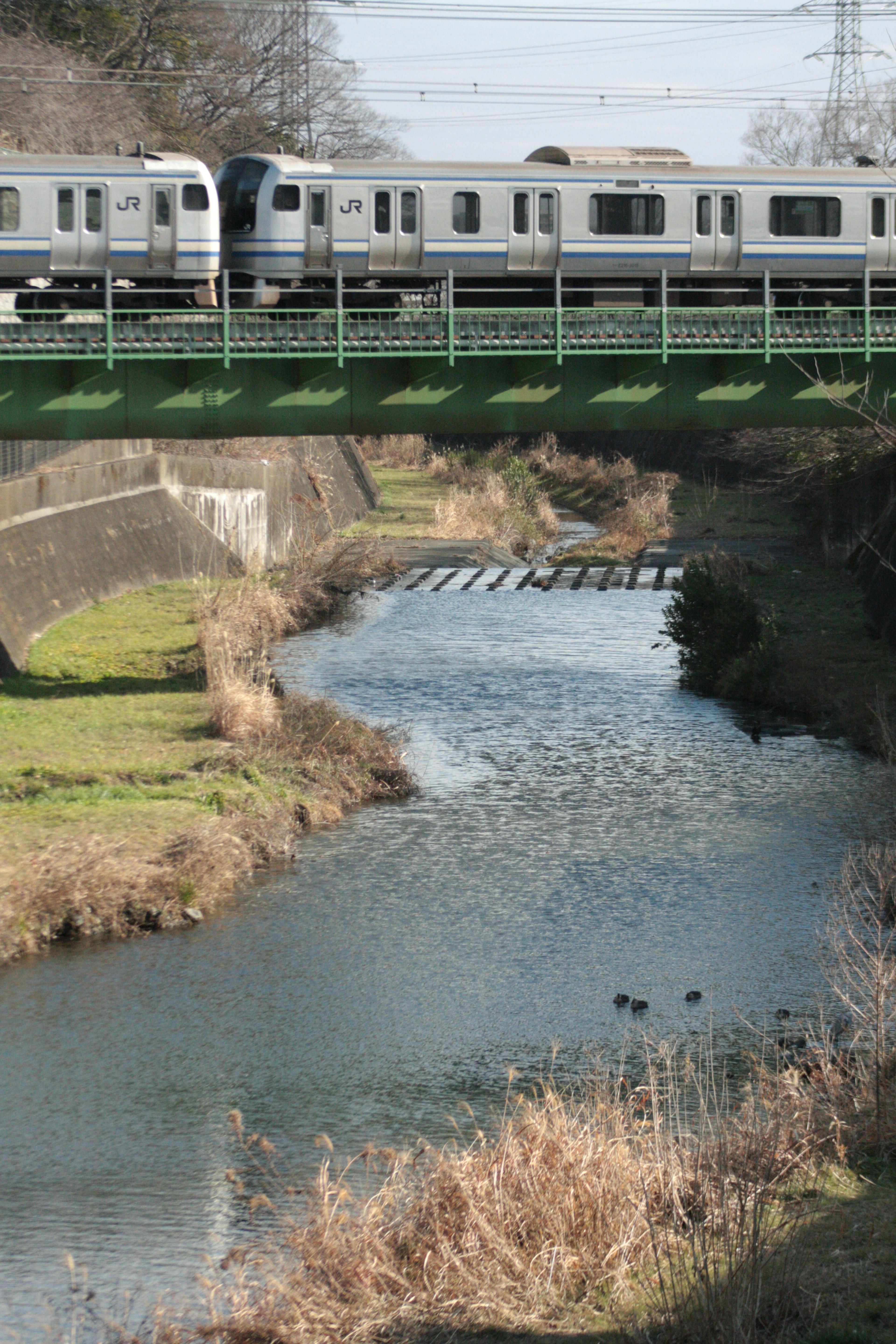 Train crossing a green bridge over a river surrounded by grass