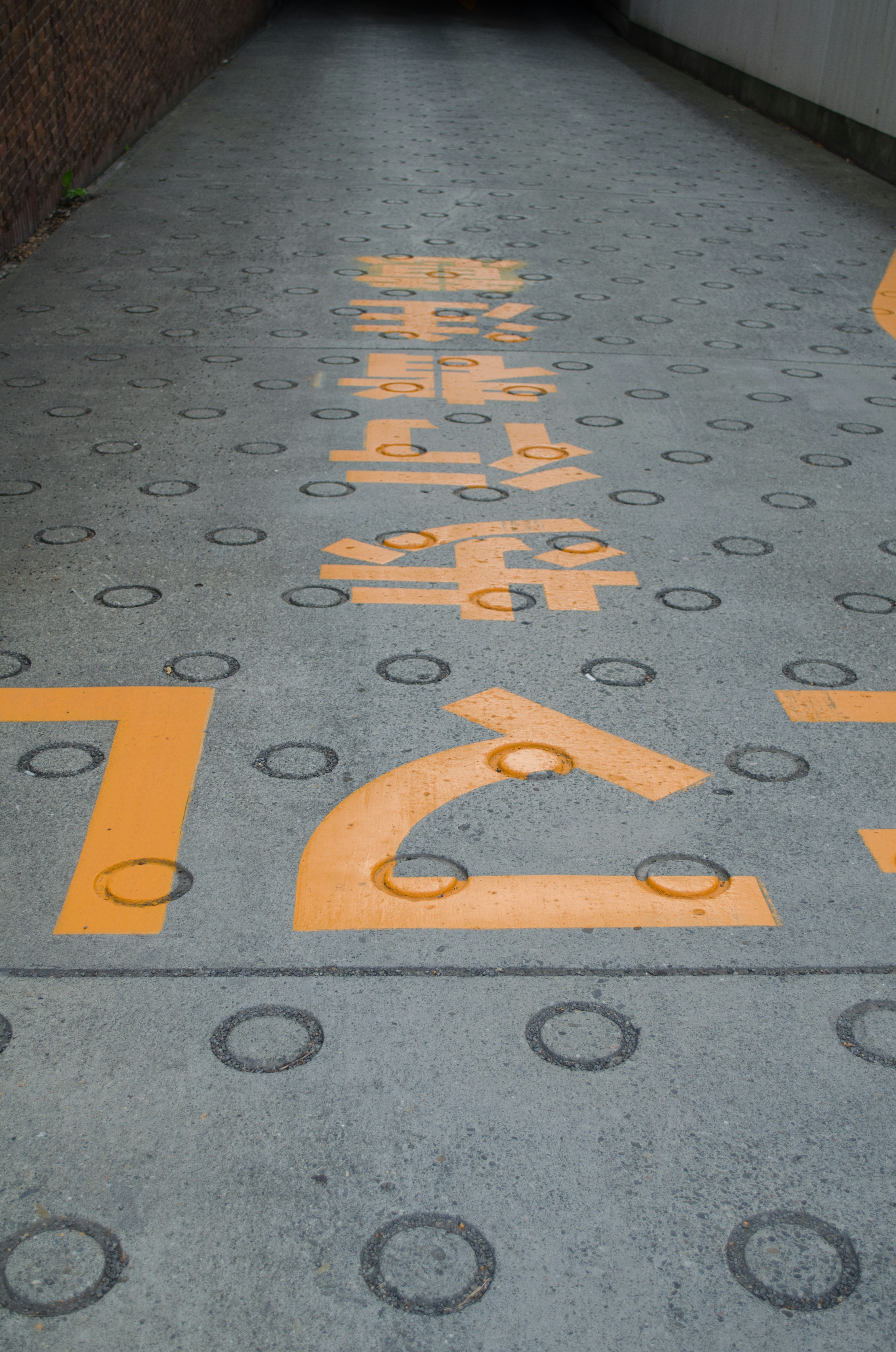 Photo d'un chemin en béton avec des marquages orange et des motifs circulaires