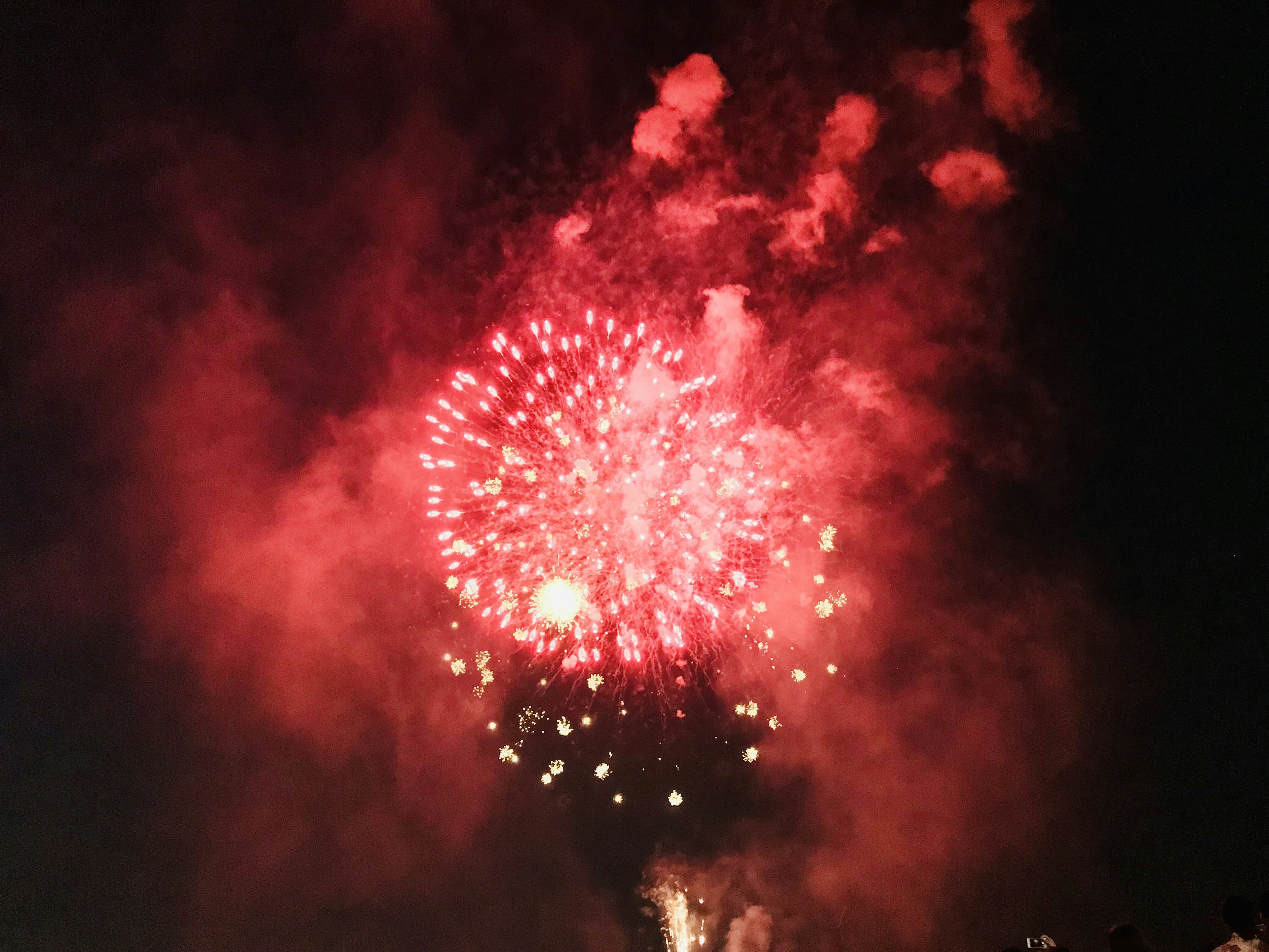 Spectacle magnifique de feux d'artifice rouges illuminant le ciel nocturne